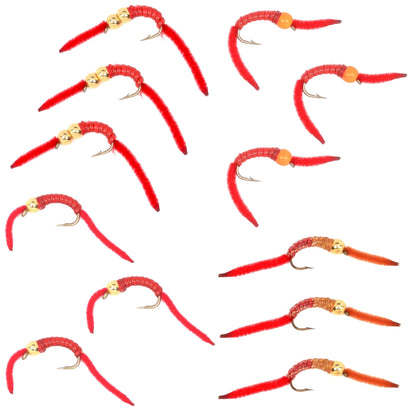The Fly Fishing Place San Juan Worm Trout Fly Assortment, 12 Wet Nymph Flies, Hook Size 10, 4 Patterns