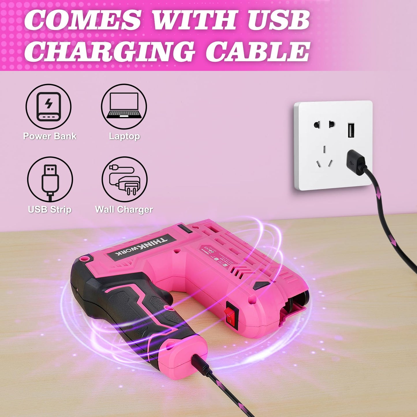 THINKWORK Pink Electric Staple Gun - 2 in 1 Nail Gun Battery Powered with 1000Pcs Staples and Nails, 4V Cordless Upholstery Staple Gun for Wood, Brad Nailer with USB Charger for Carpentry, Crafts, DIY
