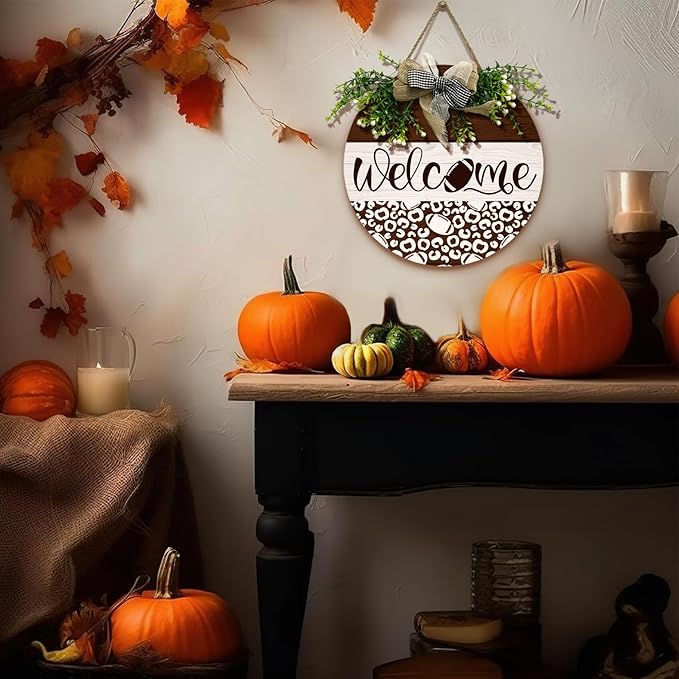 Welcome Football Front Door Sign Spring Summer Wooden Hanging Signs with Wreath And Bow Rustic Seasonal Football Game Sports Round Door Signs for Farmhouse Home Family Wall Decorations 12 X 12 Inches