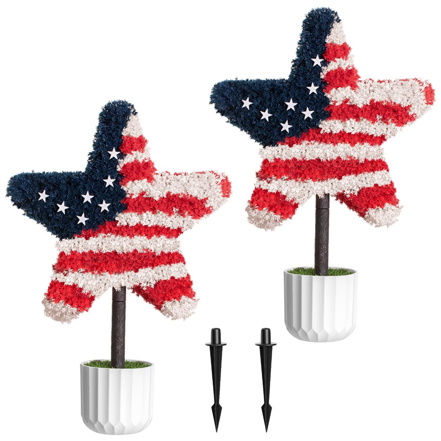 Chillchard 2 Pack Artificial Boxwood Star Patriotic Topiary Trees Outdoor