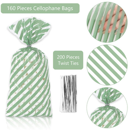 Whaline 160 Pcs Sage Green Cellophane Treat Bags Stripe Wave Dot Plastic Gift Bags Candy Goodie Bag with Twist Ties for Wedding Baby Shower Birthday Party Cookie Snack Packing Supplies, 5.1 x 10.6 Inch