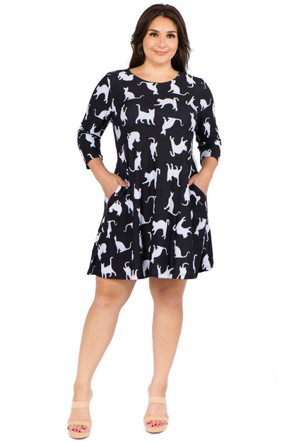 Women's Plus Size Novelty Cat Print Dresses with Pockets 2X Casual 3/4 Sleeves Crew Neck Fit and Flare Dress Balck White Kitty