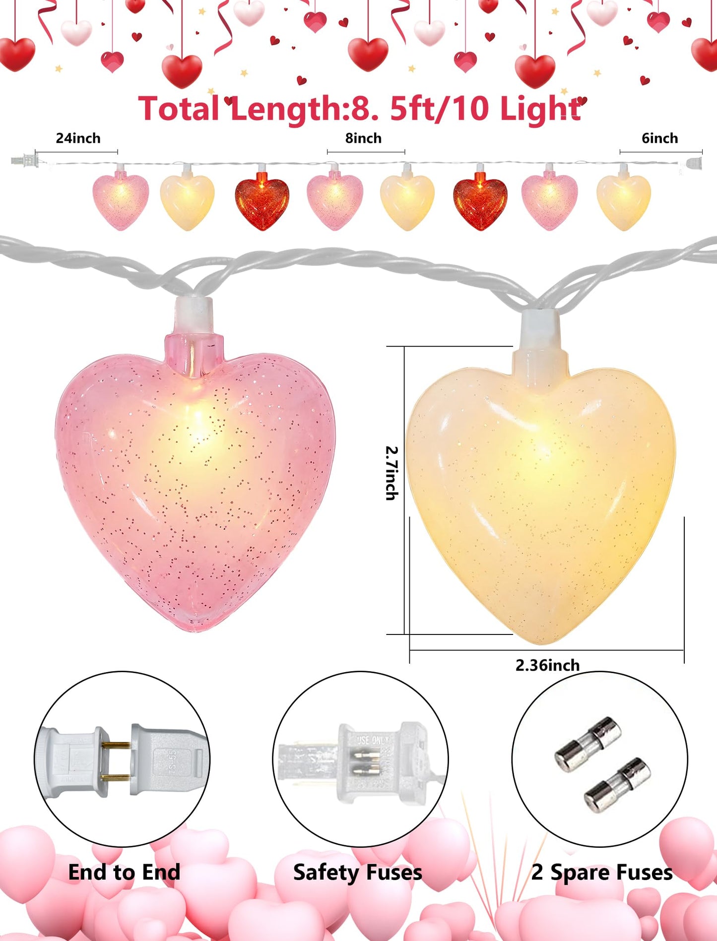 Valentines Day Heart String Lights Plug in, 8.5Ft Indoor Outdoor Valentine's Day Decorations String Lights with 10 LED Red Pink and White Heart Lights for Wedding Party Window Christmas Birthday Decor