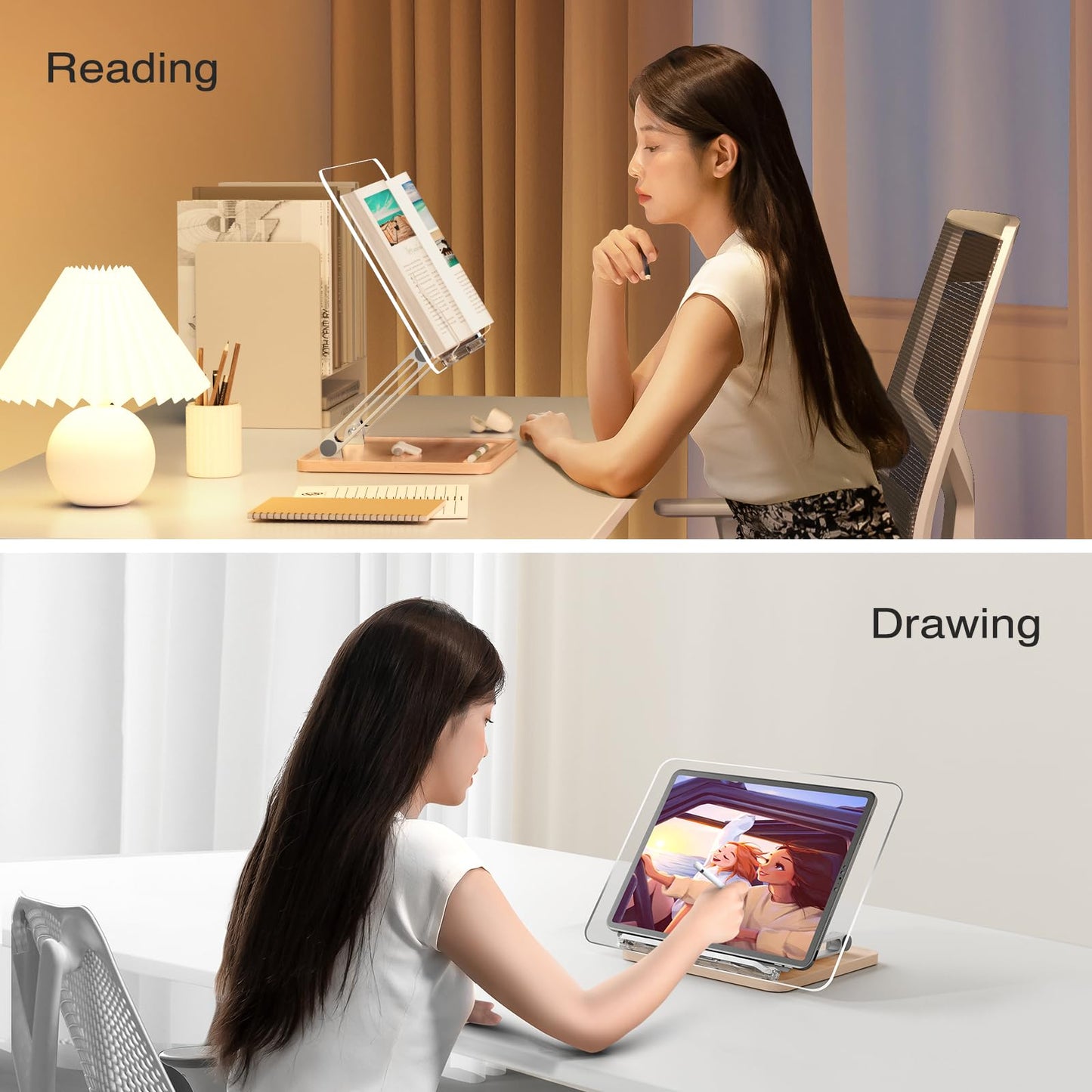 Adjustable Acrylic Book Stand for Reading, Book Holder with Pen Slot, Foldable Desktop Riser for Laptop, Recipe, Textbook - Hands-Free,Cookbook Stand, Clear Design with Page Clips