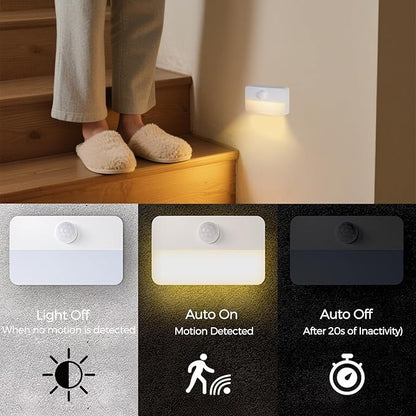 Motion Sensor Night Light Indoor, Rechargeable LED Stair Lights, Warm White Stick-On Closet Lights, Battery Operated Hallway, Cabinet, Bedroom, Kitchen Lamps (6 Pack, White)
