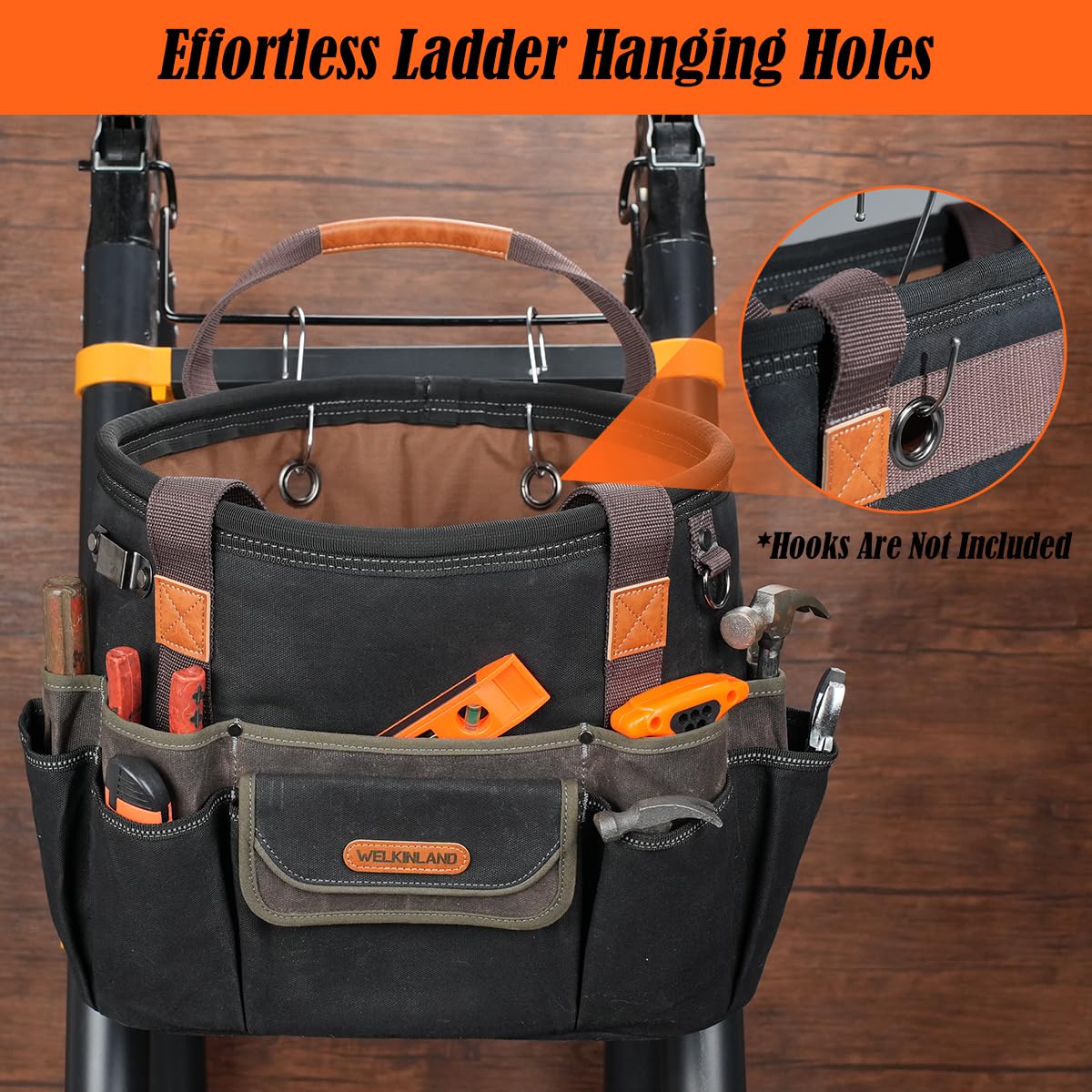 WELKINLAND 42-Pockets Electrician Tool Tote, 16-Inch Open Top Tool Tote, Heavy-Duty Electrician Tool Bag, Waxed-Canvas HVAC Service Bag, Easy-Access Bag For Tools, Stay-Up Tool Bags For Men
