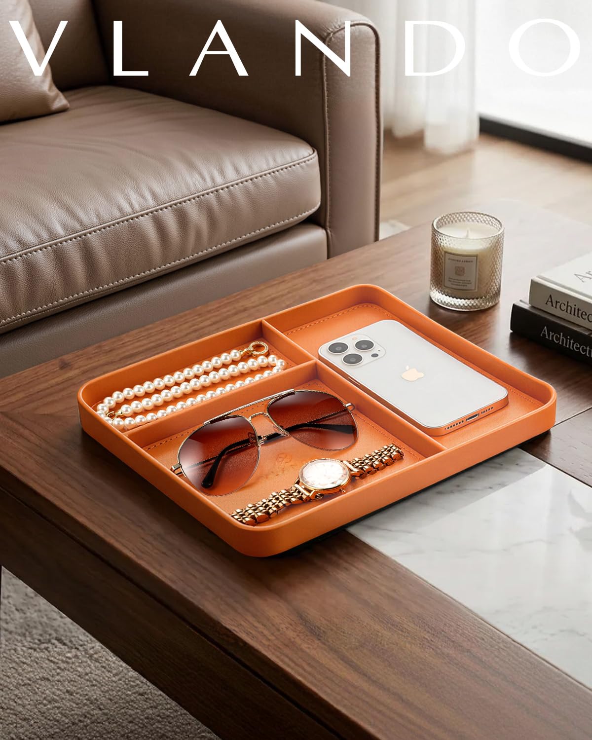VLANDO Valet Tray Organizer, PU Leather Catchall Tray with Dividers for Keys Wallet Watch Phone Jewelry, Nightstand Dresser Desk Organizer for Sunglasses Perfume Earbuds Accessories, Orange