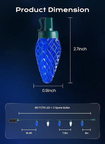 C9 Christmas Outdoor Lights, 72 FT 110 LED C9 String Lights, 8 Modes & Timer Extendable Waterproof for Christmas Tree Indoor Outdoor Roofline Patio Outside Backyard Holiday Xmas Decor, Blue White