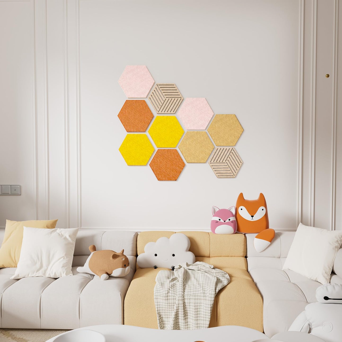 FOCHIER F 10PCS Hexagon Cork Boards for Walls Decor,12"*10.2" Felt Bulletin Board Tiles Sets for Home Office Class Kitchen with 50 Push Pins,Self Adhesive DIY Pin Board for Photos Memos