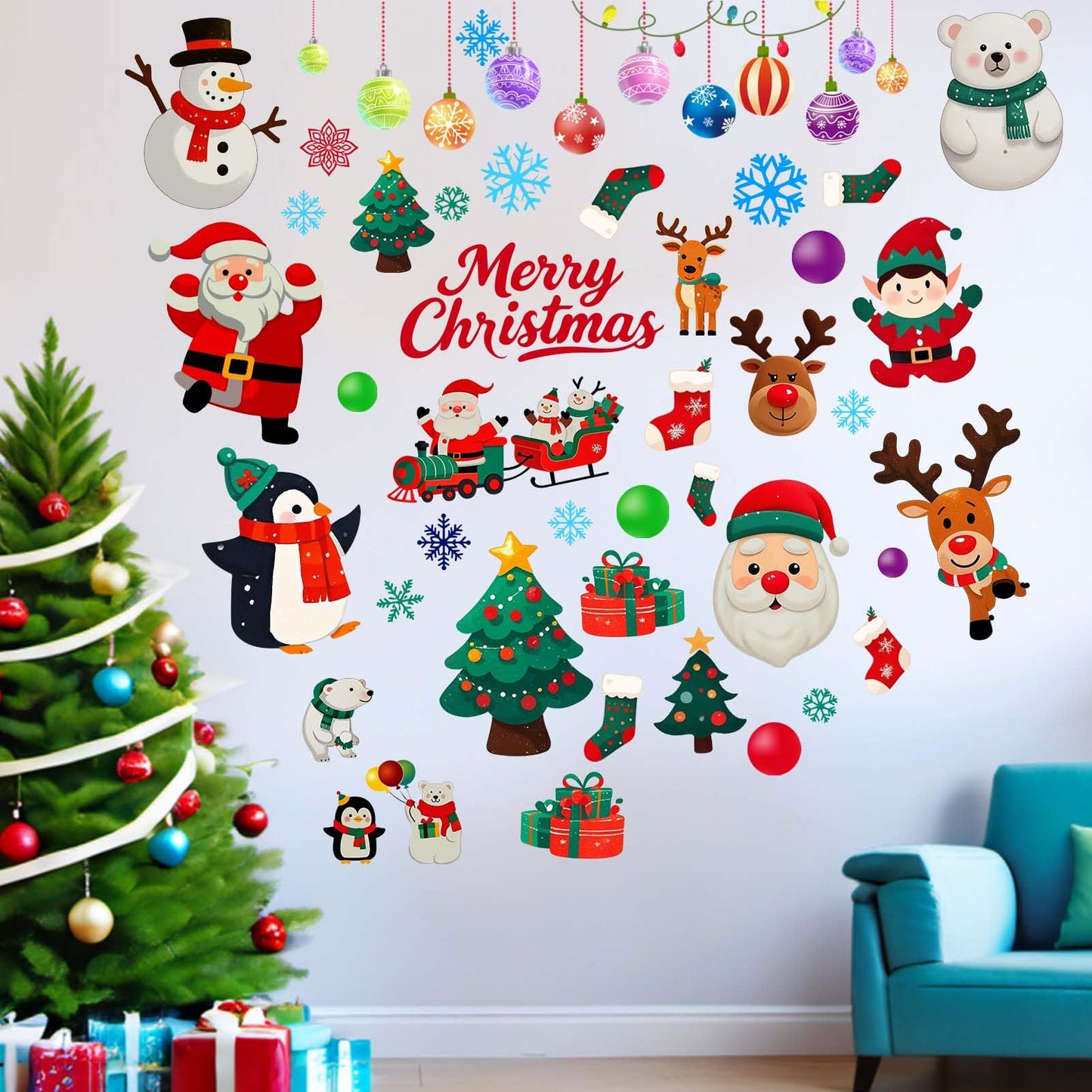 Christmas Santa Wall Decals for Kids: Festive Holiday Chrismas Tree Wall Stickers for Indoor Home Decor - Living Room Kids Room Windows Door - Easy Peel and Stick Family Activity