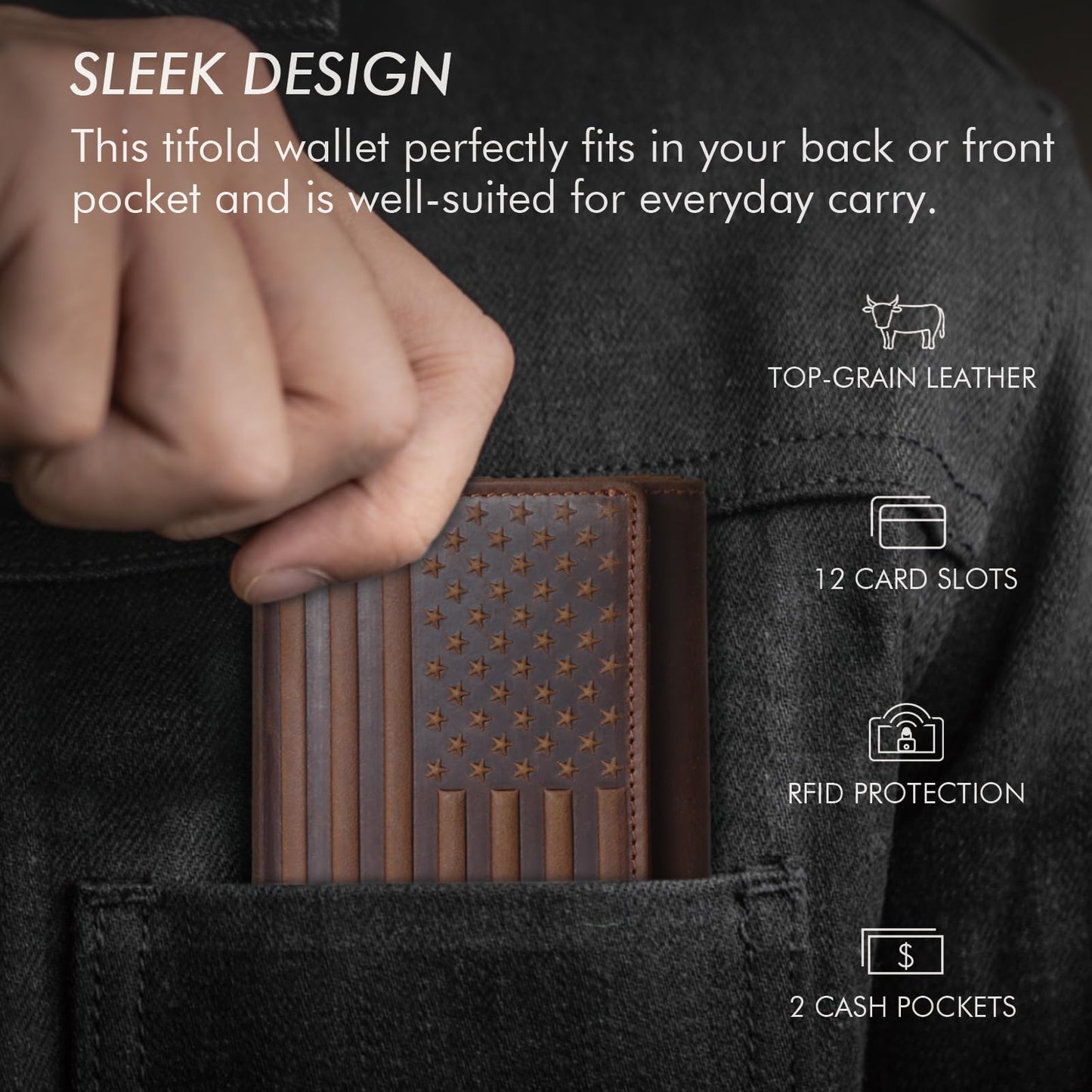 Pefiam Trifold Leather Wallet for Men RFID Blocking – Mens Trifold Wallet Leather with 12 Card Slots, Gift for Men, American Flag Wallet Dark Brown