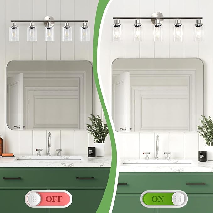 5-Light Bathroom Vanity Lights, E26 Modern Brushed Nickel Bathroom Light Fixtures with Clear Glass Shade, Mirror Kitchen Hallway Cabinet Living Room Sconces Wall Lights