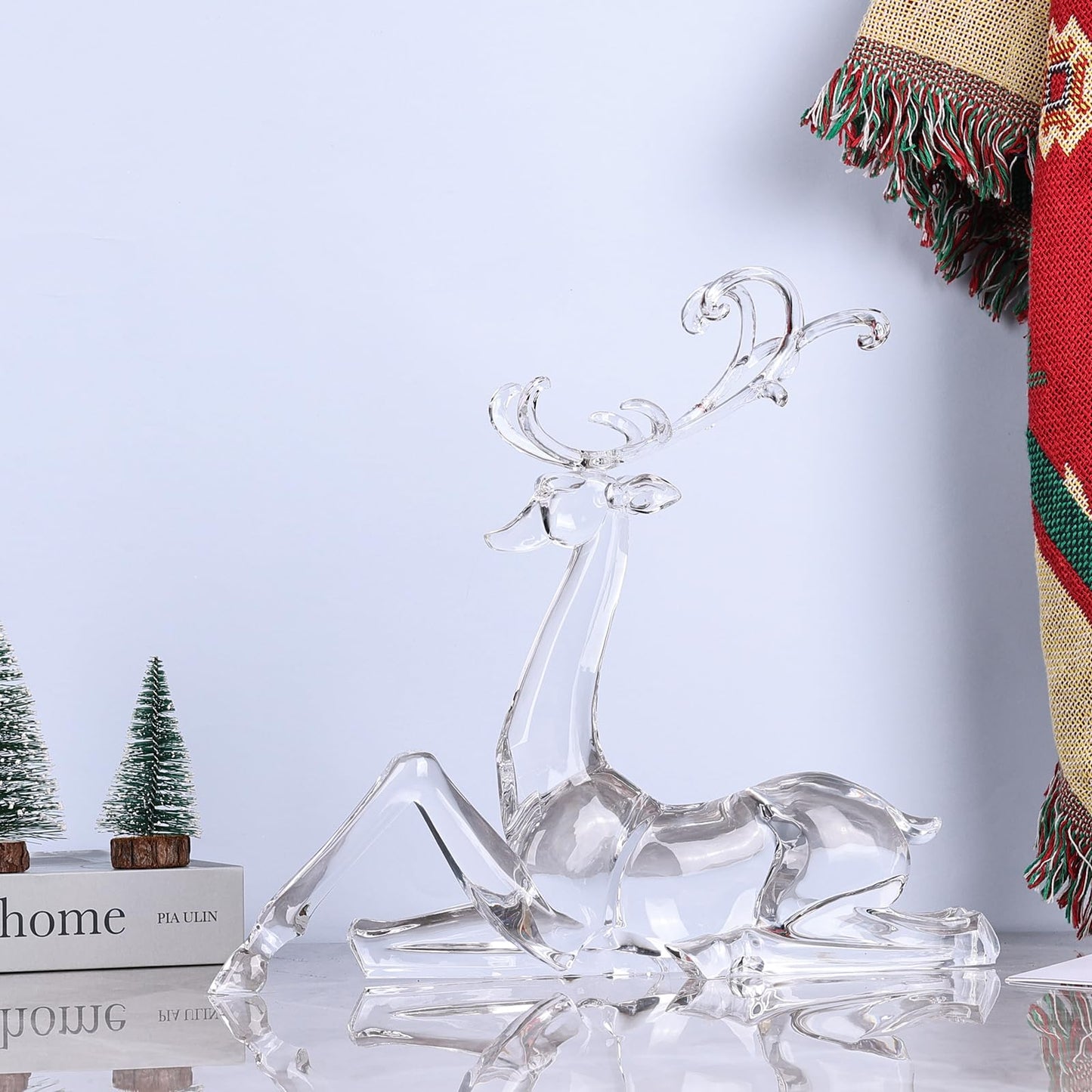 11" Tall Acrylic Christmas Reindeer Figurine - Elegant Clear Large Reindeer Ornaments for Christmas Indoor Decor, Holiday Centerpiece, Living Room, Fireplace, Table Display (Clear Sitting Reindeer)