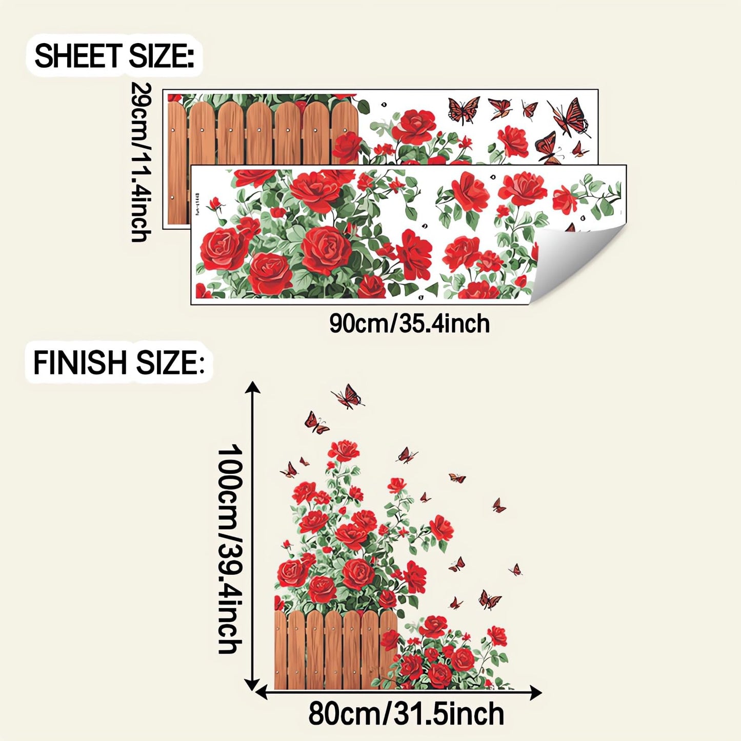 sacinora Red Rose Fence Butterfly Wall Stickers, Romantic Floral Border Aesthetic Countryside Wall Decals Removable Vinyl Peel and Stick Hallway Bedroom Bathroom Art Home Decor