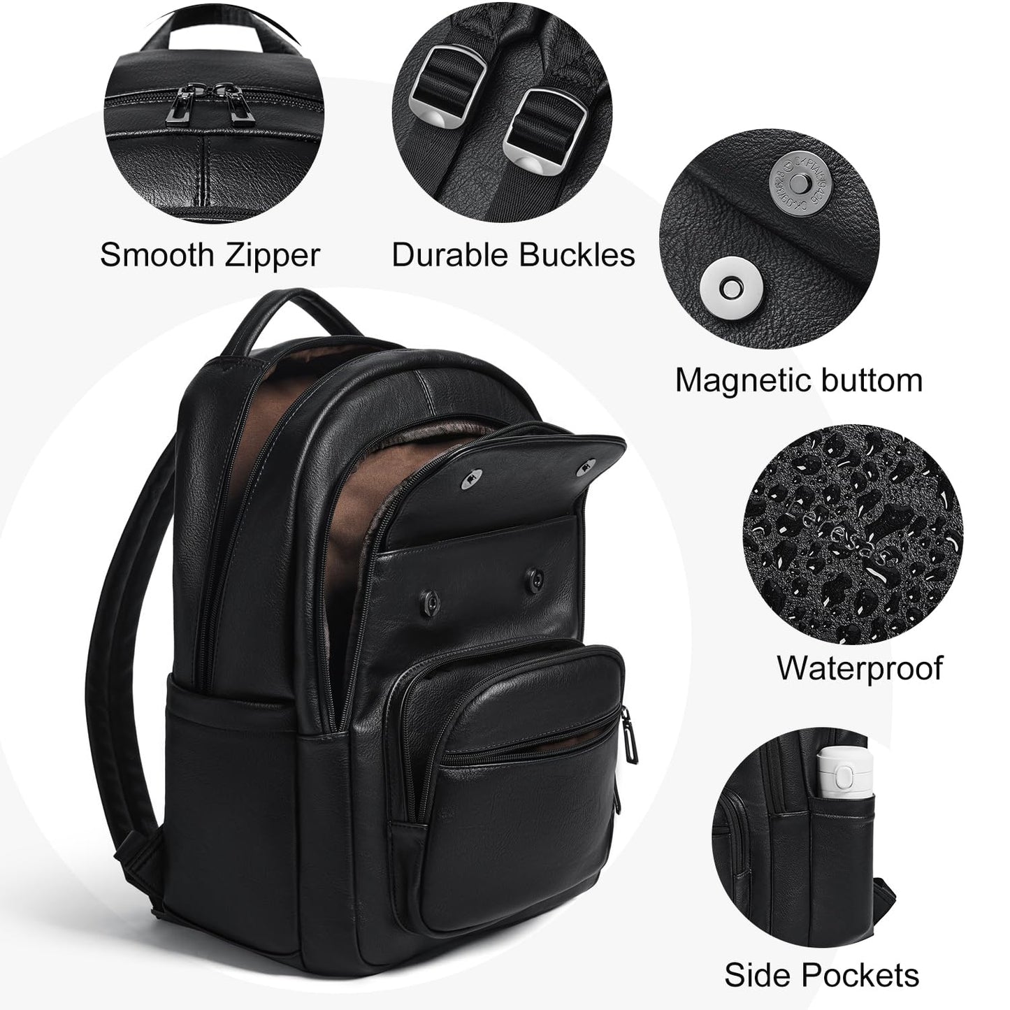 Leresas 37L Backpack Purse for Women Mens Work Travel Teacher Back Pack Laptop Business Vegan Leather Backpack Fashion College Computer Bag Black