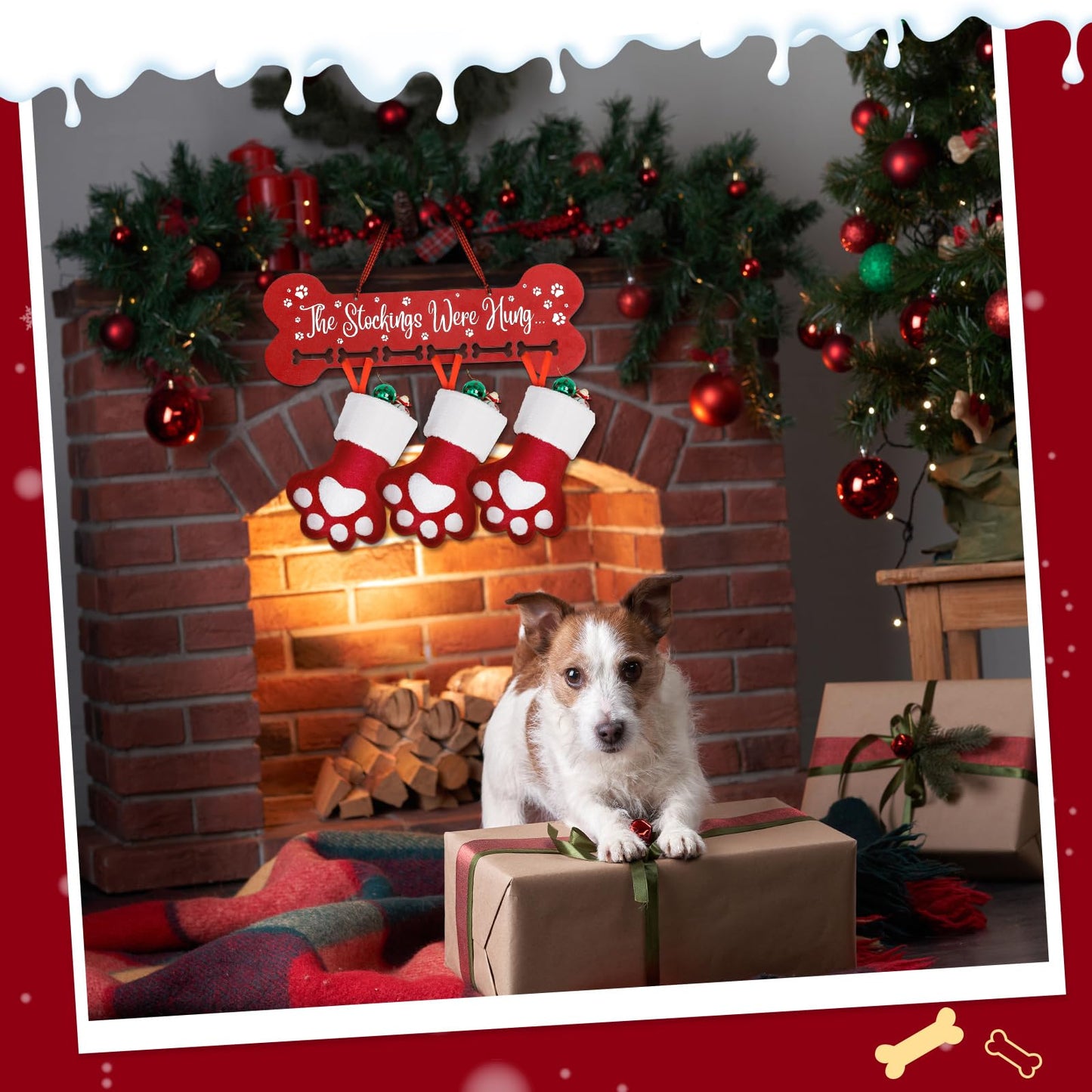 Bucherry 15.8 Inches Christmas Pet Stocking Holder for Dog Wall Mantle with 6 Hangers Wood Dog Bone Mantle Garland Stocking Holders for Christmas Decorations Xmas Holiday Supplies Fireplace Decor