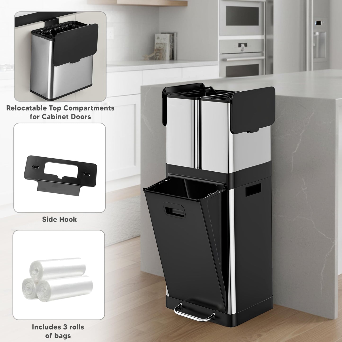 HOLDN’ STORAGE 32L Triple-Compartment Trash & Recycling Bin for Kitchen, 2 Removable Hook-On Bins, Multi-Access Opening, Odor Control, Stainless Steel, 3 Trash Bag Rolls Included