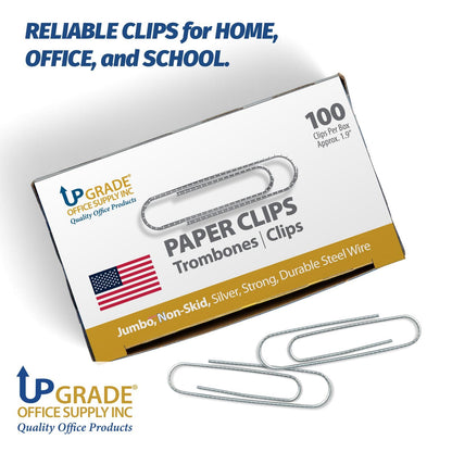 Upgrade Office Supply Jumbo Paper Clips, Non Skid, 1.9 Inch, 600 Count (6 Boxes of 100), Silver, Made in USA
