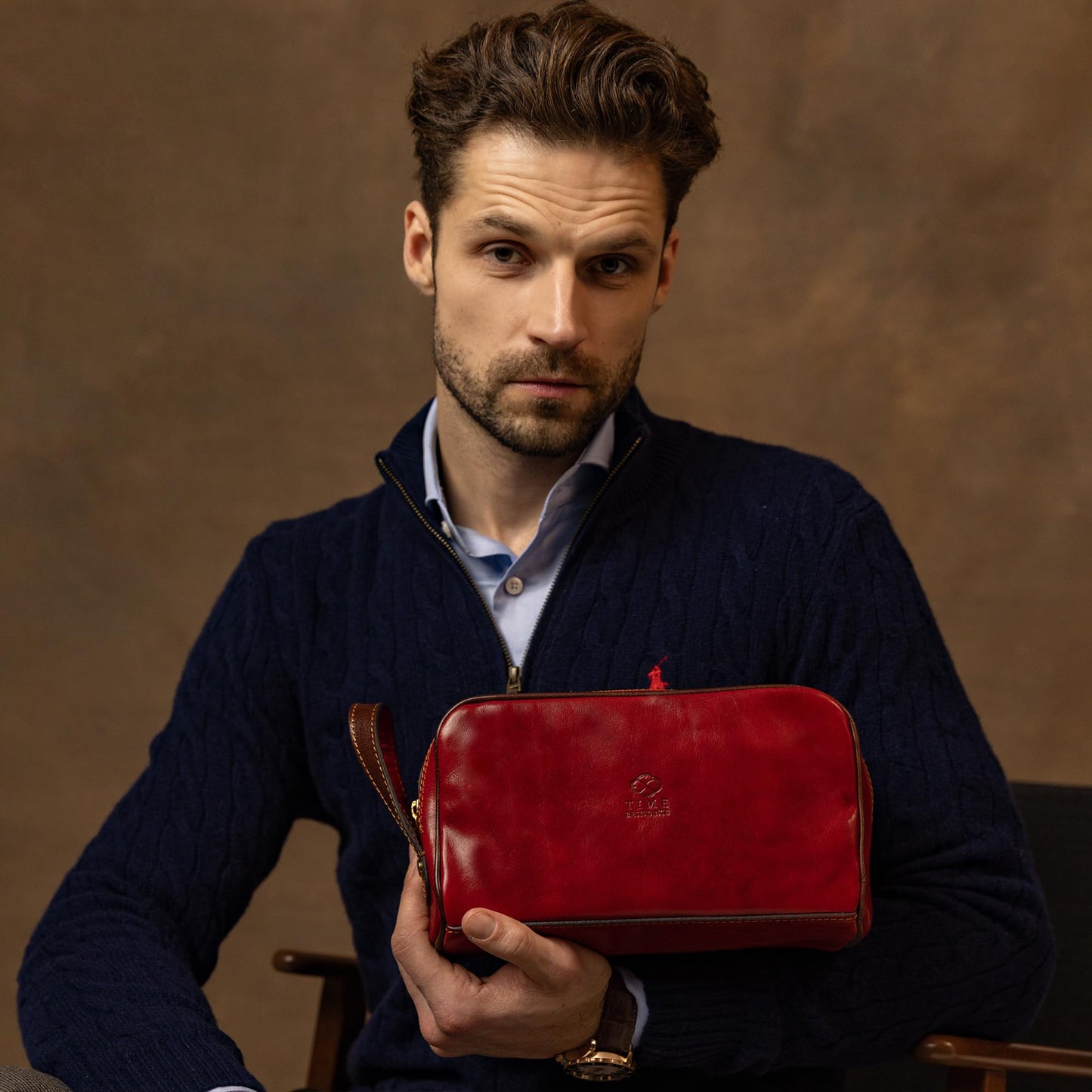 Time Resistance Leather Cosmetic Bag - Italian Toiletry Dopp Kit (Red)