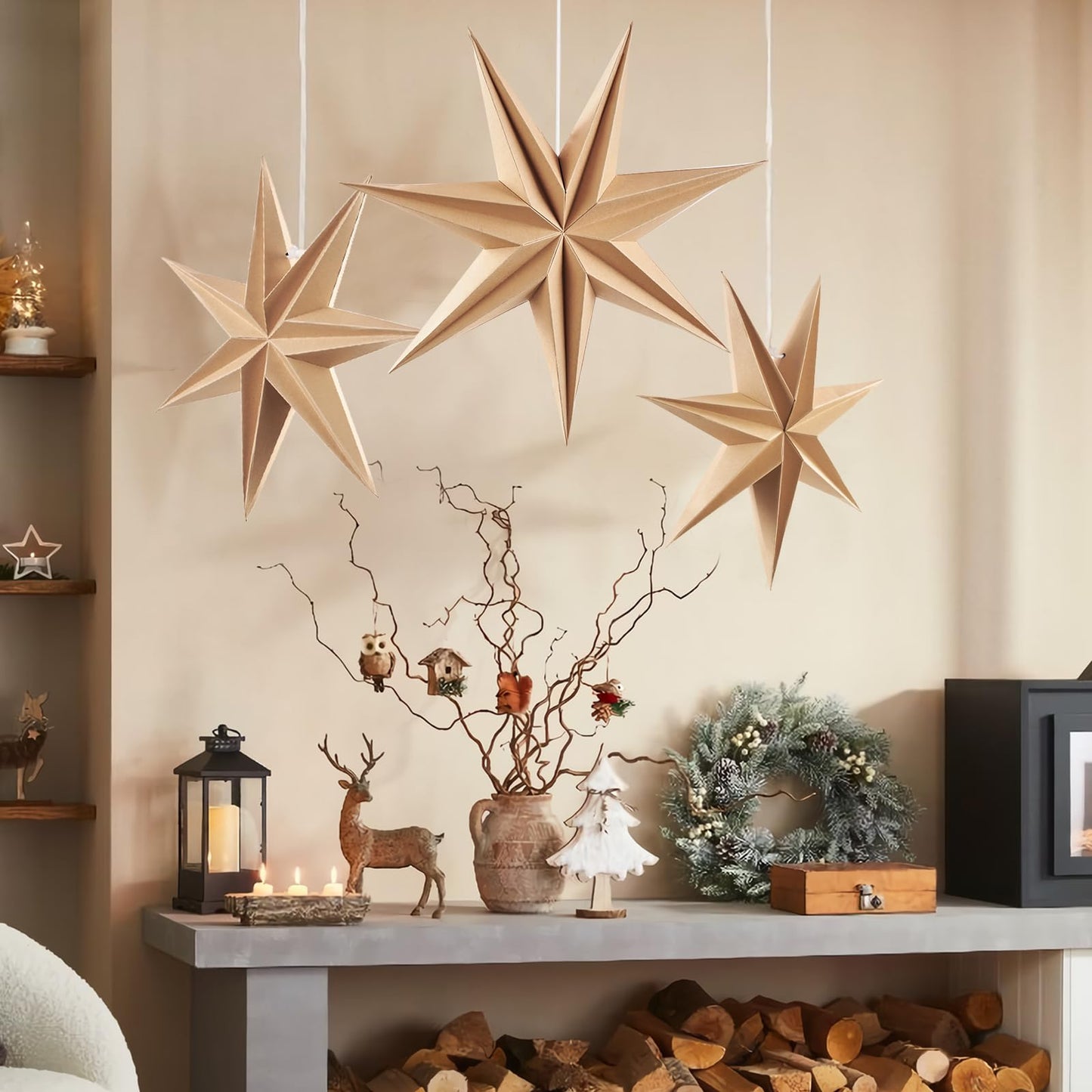 Christmas 3PCS 12inch 7-Pointed Wood Brown Paper Star Hanging Decoration Set Holiday Decor Stars Shape Landerne for Birthday Party Tree Xmas Home Decor