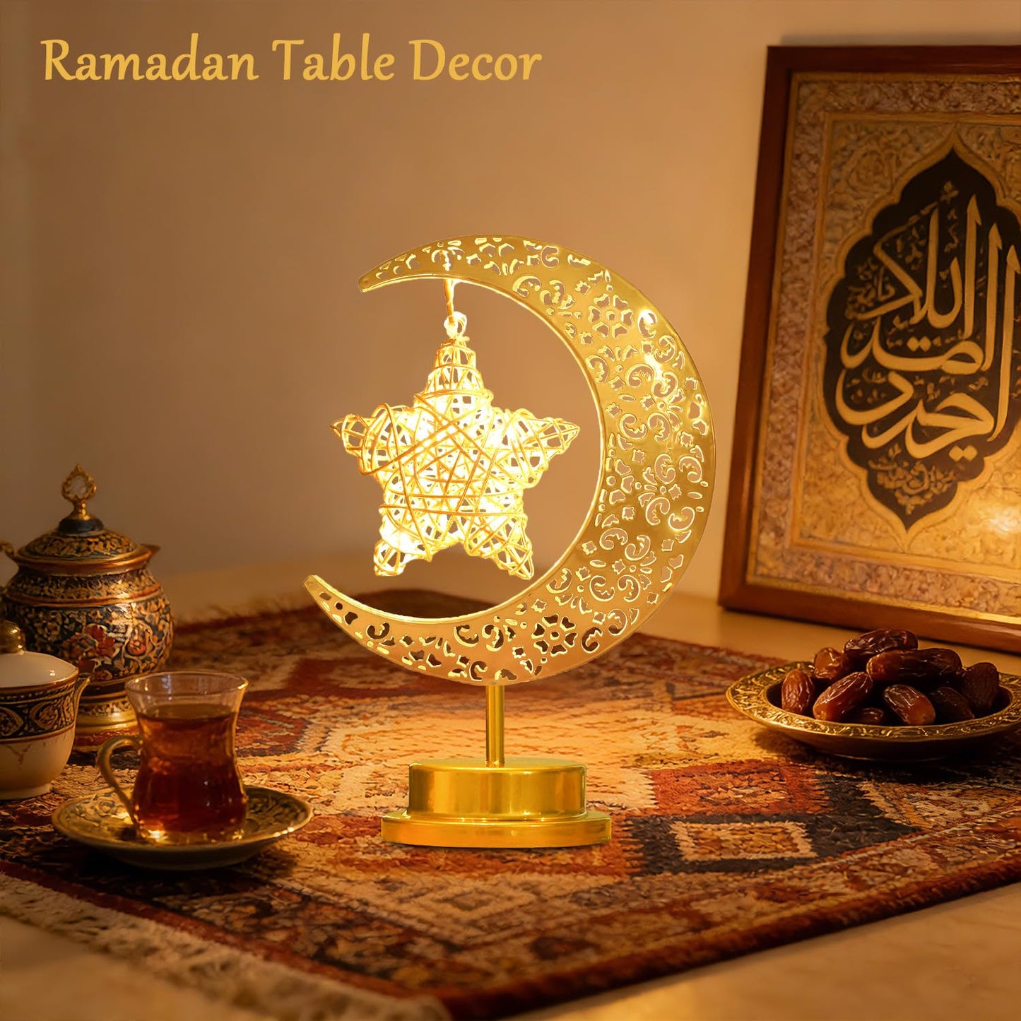 Lifnatty Moon Lamp with Hanging Star, Decorative Crescent Moon Night Light Battery Powered, Retro Metal LED Table Lamp for Bedroom Living Room Boho Home Decor, Gift for Women Birthday Christmas
