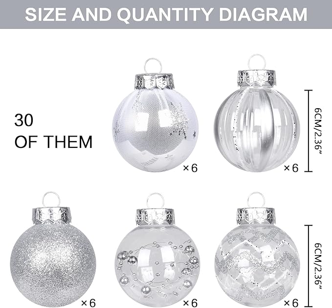 SY Super Bang 30PCS Silver Christmas Ornaments Set, 60MM/2.36" Clear Plastic Shatterproof Ball Ornaments for Christmas Tree Hanging Decorations, for Home Holiday Party Xmas Decor.