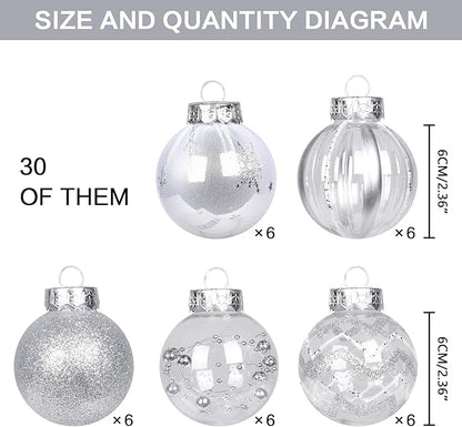 SY Super Bang 30PCS Silver Christmas Ornaments Set, 60MM/2.36" Clear Plastic Shatterproof Ball Ornaments for Christmas Tree Hanging Decorations, for Home Holiday Party Xmas Decor.
