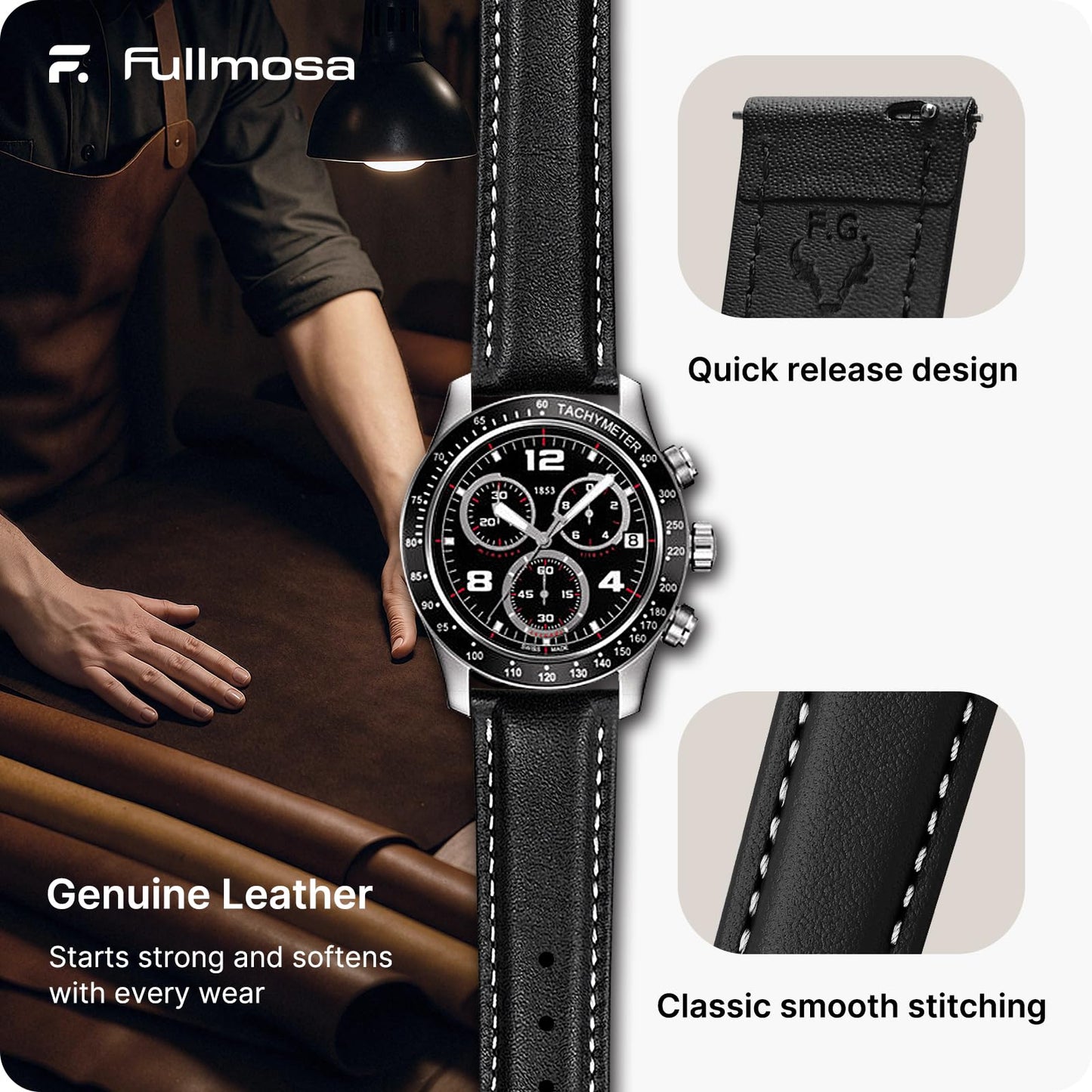 Fullmosa Watch Band, Quick Release Leather Watch Strap Compatible with Samsung Galaxy Garmin for Men Women, Replacement Bands Width 12mm 14mm 16mm 18mm 19mm 20mm 21mm 22mm 24mm