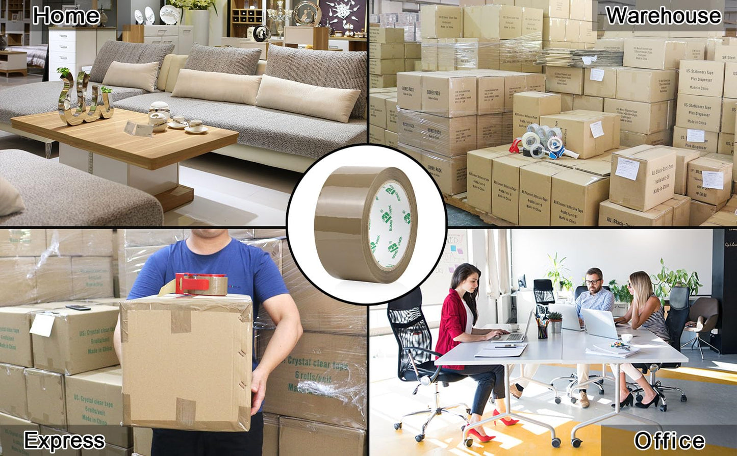 BOMEI PACK 6 Rolls Silent Brown Packing Tape, 1.88" x 60 yds,Heavy Duty Packaging Carton Tape for Shipping Packaing Moving Sealing, 2.4mil Thickness, 60 Yards Per Roll
