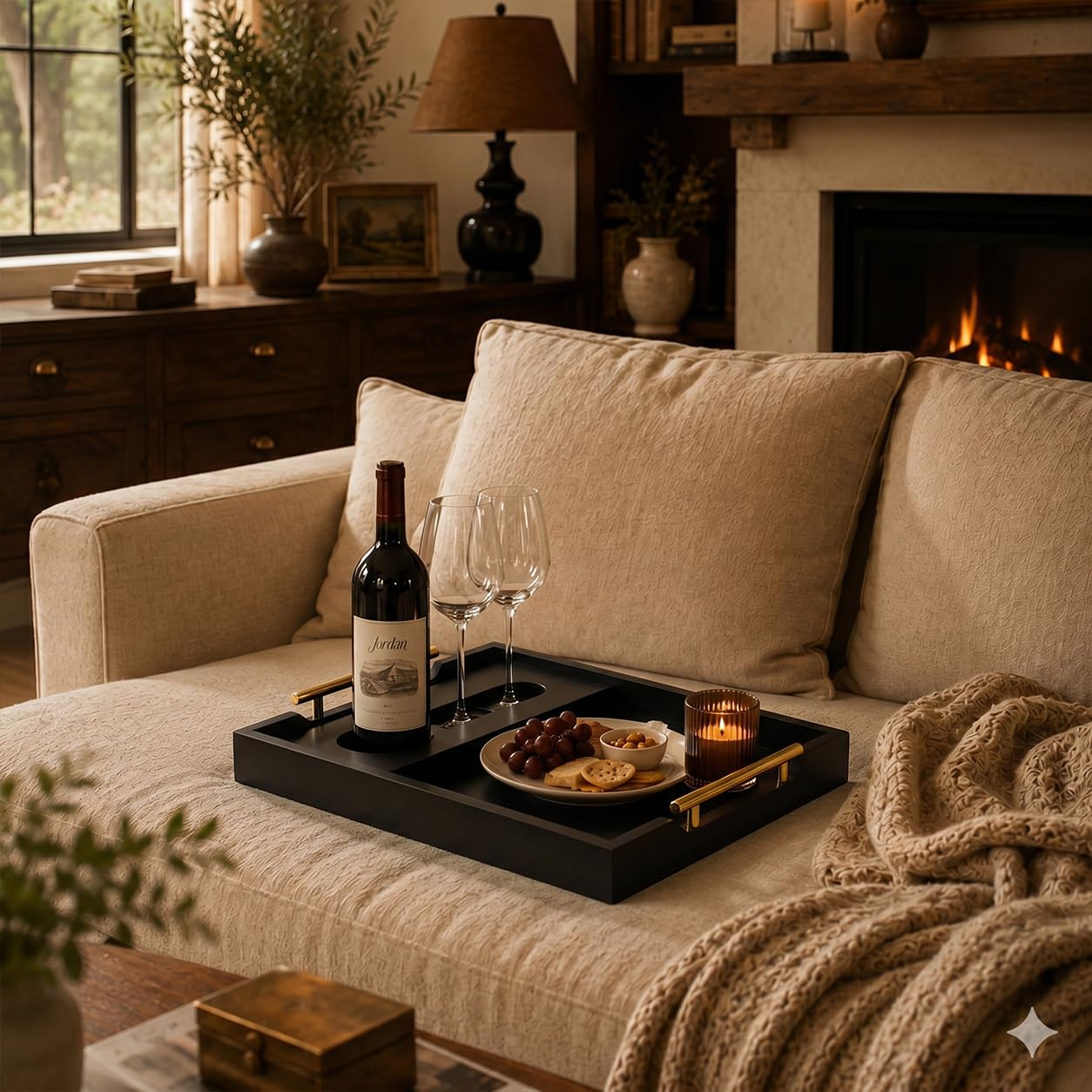 Black Wood Serving Tray with Removable Wine Glass Holder, Couch Snack Tray for Movie Night, Sofa, Ottoman, Coffee Table, Wedding and Housewarming Gift
