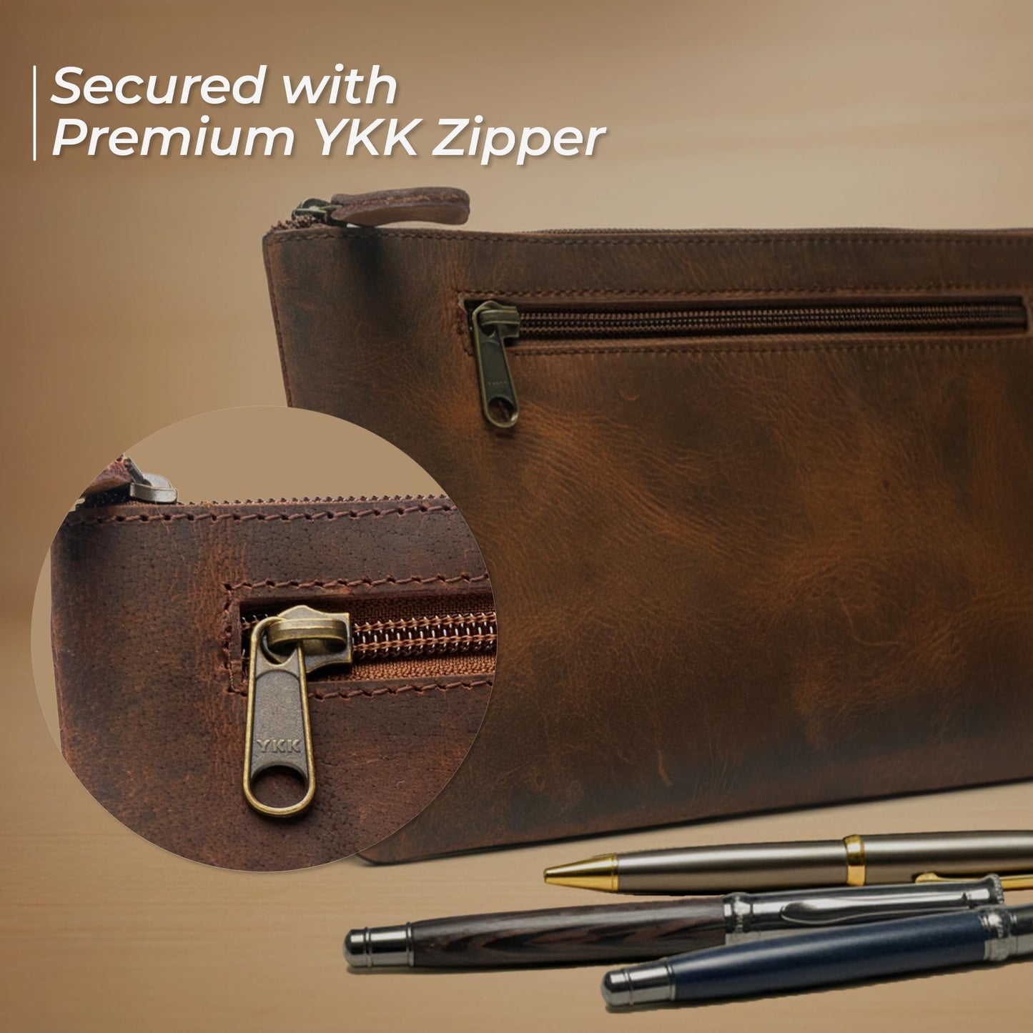 WANDERINGS Genuine Leather Pencil Pouch Case - Large 11" x 6.5" (28 x 16cm) - Hand Crafted Brown Leather Zipper Pouch - Slim Pencil Case Holder for Men and Women