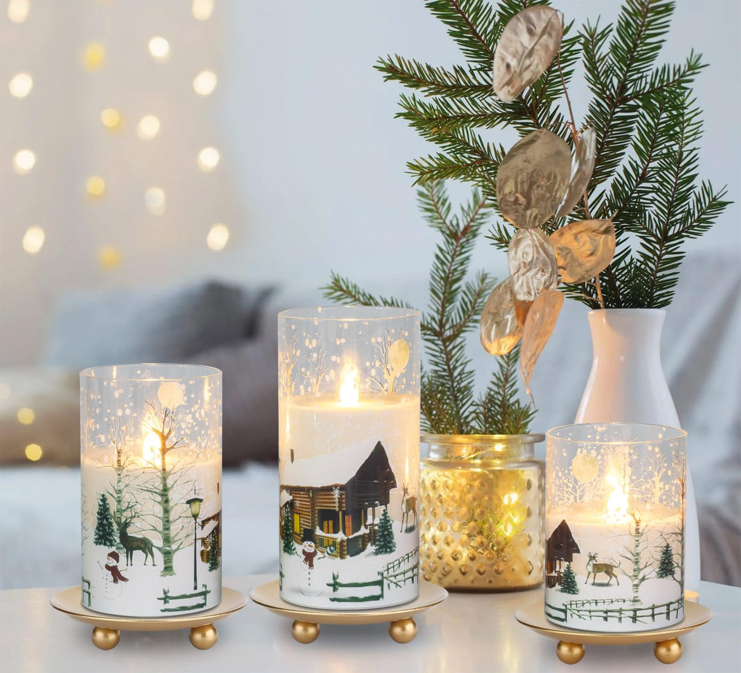 CANDLE IDEA 3PCS White Christmas Glass Flickering Flameless Candles with Snowman Decal,Real Wax Battery Operated LED Window Pillar Candles with 10-Key Remote and Timer Function for Holiday Home Decor