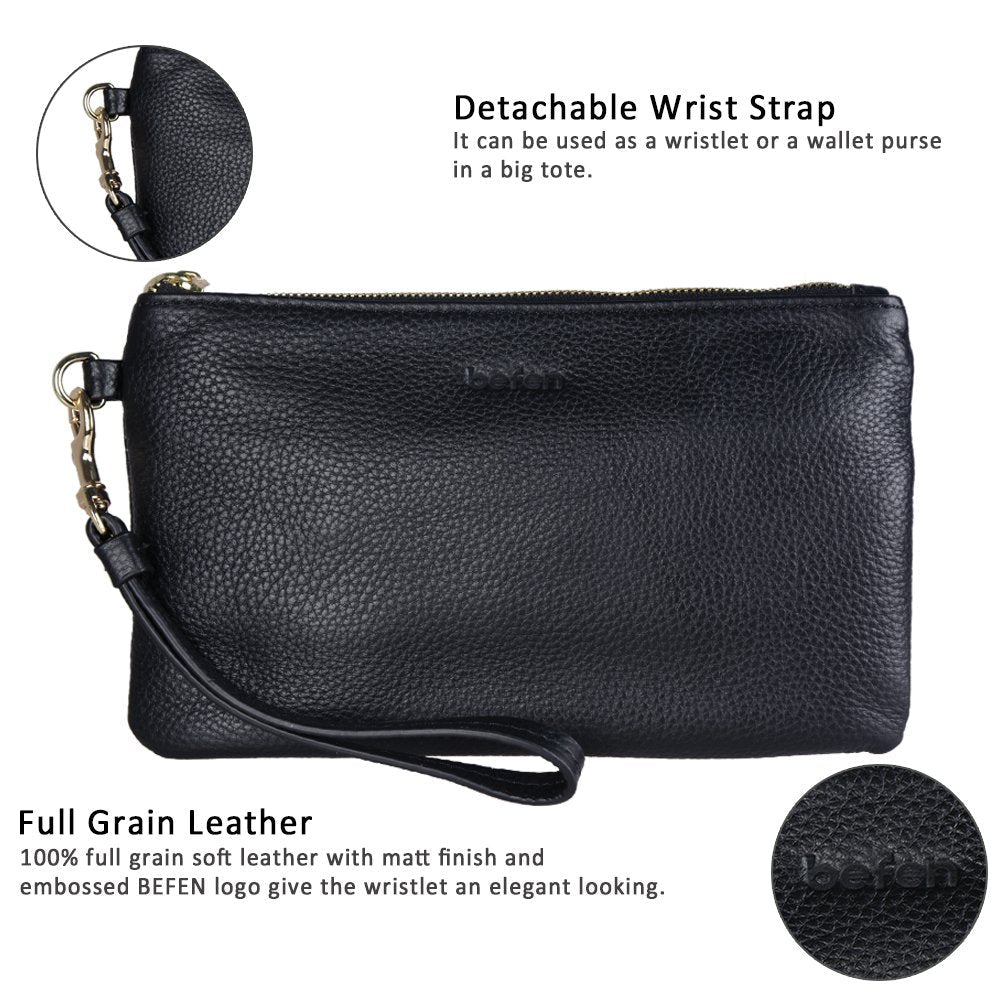 befen Black Genuine Leather Wristlet Clutch RFID Blocking Bag Cell Phone Wallet Purse Smartphone Wristlet Wallet Purses and Handbags for Women