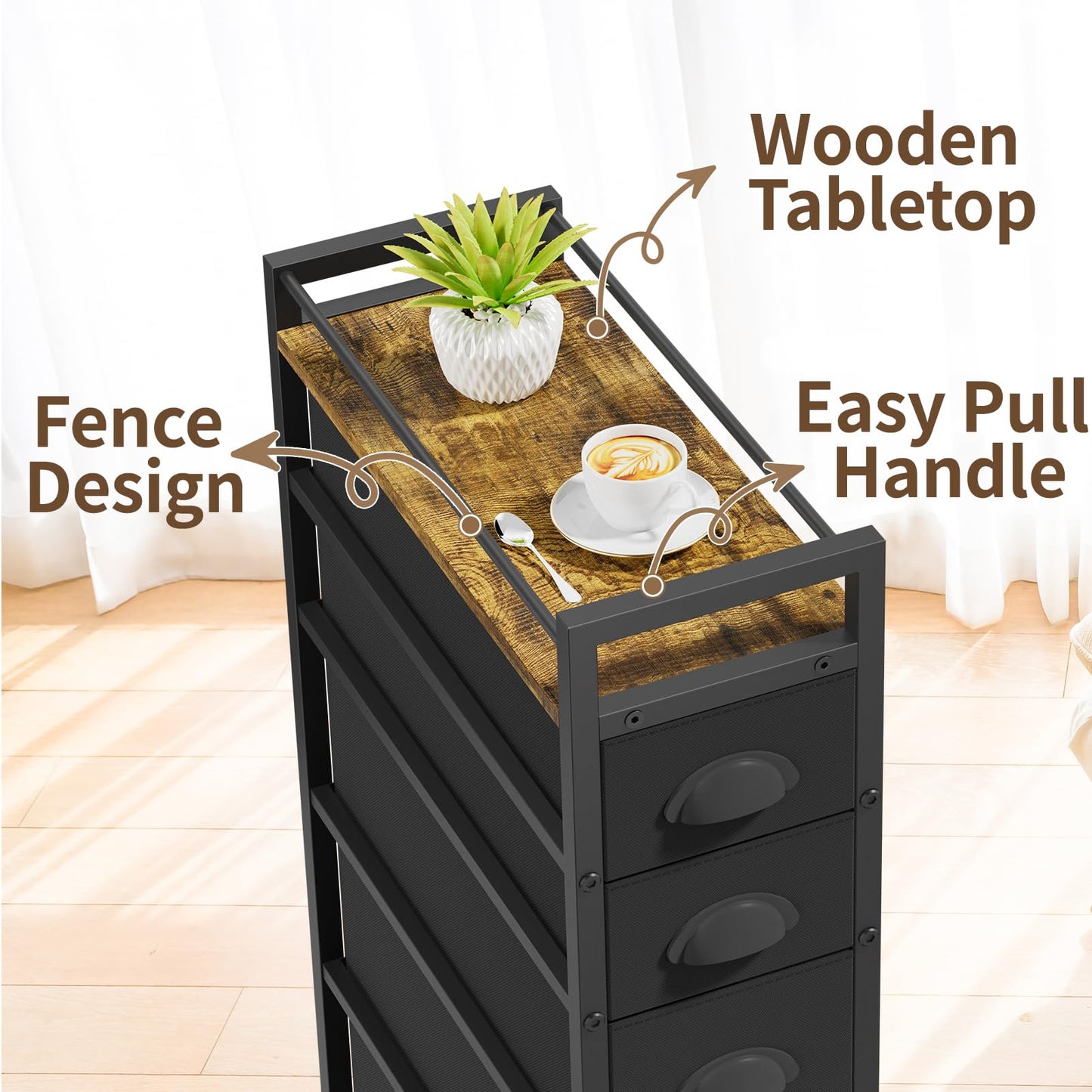 LASZOLA 5 Drawer Narrow Dresser Slim Cabinet Skinny Storage Tower Chest, Ideal for Small Spaces Bathroom, Between Washer and Dryer, Lightweight Mobile on Wheels, Sturdy Fabric Drawers, Black