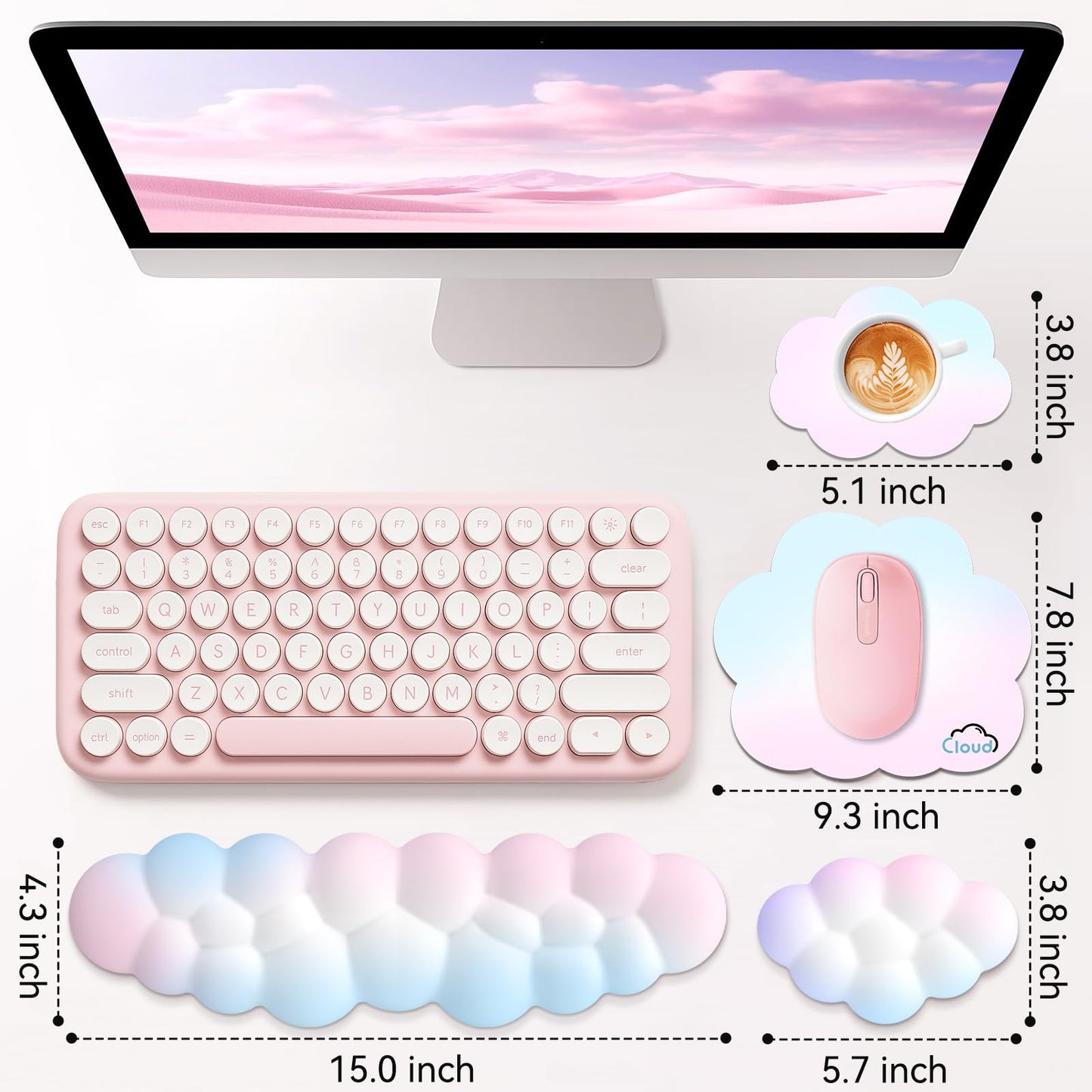 Sushret Cloud Wrist Rest for Computer Keyboard, 4-in-1 Memory Foam Leather Cloud Keyboard Wrist Rest and Mouse Pad Set with Ergonomic Support for Arm and Palm Cushion, Gaming/Work Setup, Rainbow
