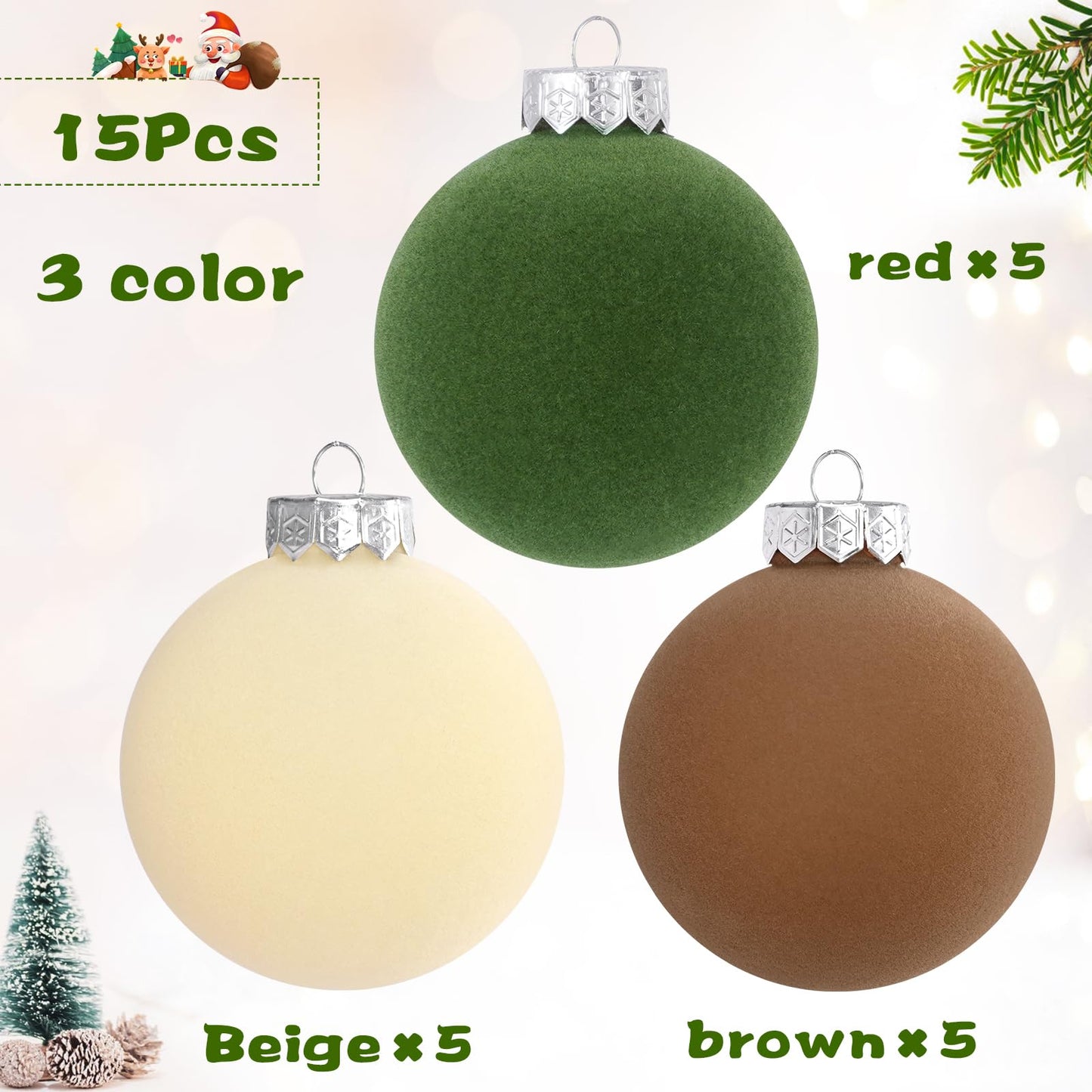 Waipfaru 15 Pcs(3.9 In/100 mm) Velvet Christmas Ornaments Balls Set, Brown Green Neutral Christmas Tree Ornaments, Flocked Xmas Tree Balls for Xmas Holiday Party Decorations