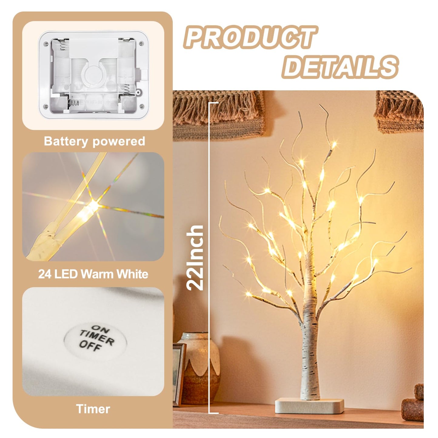 EAMBRITE Birch Tree with Led Lights, White Christmas Tree, Lighted Mini Small Artificial Tree Lamp Prelit Twig Trees Timer Battery Operated for Table Centerpiece Easter Home Decorations Indoor 2Pack