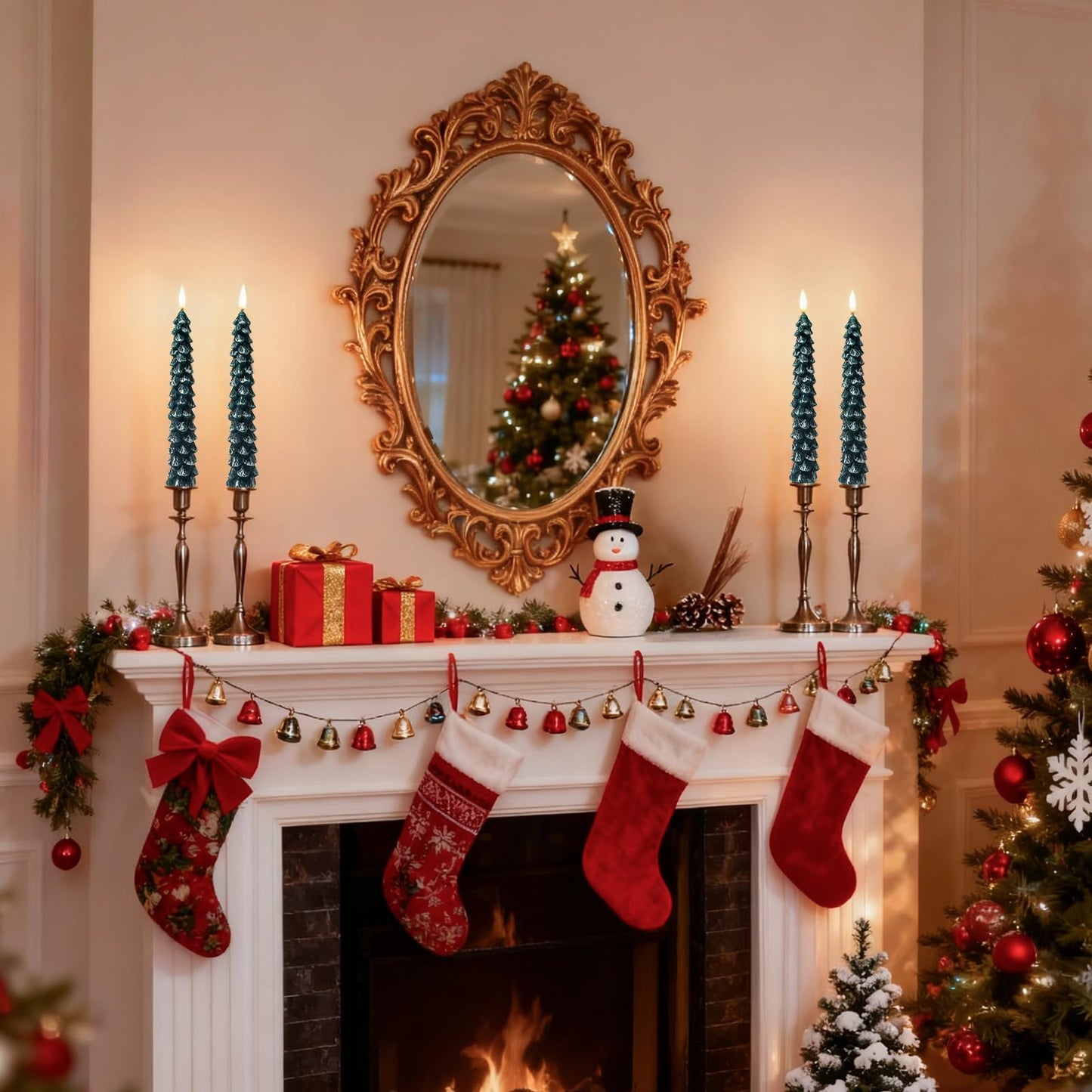 Christmas Decorations Indoor, Christmas Decor-Christmas Tree Taper Flameless Candles Battery Operated with Remote Timer, Xmas Candlestick Home Table Mantel Room Decor, 4 Pack(Green&White) Large, 11.4"