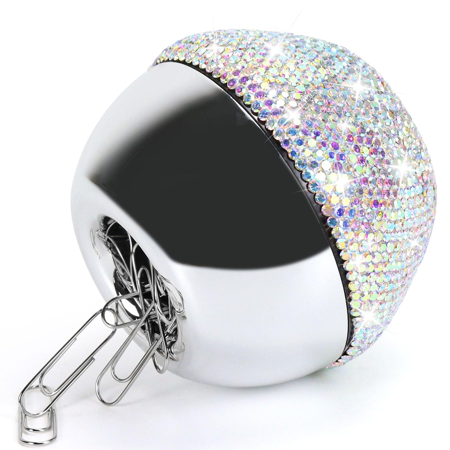 etspolt Rhinestone Paper Clip Holder, 100 Pcs 28mm(1.1") Paper Clips in Bling Sliver Round Magnetic Paper Clip Dispenser, Paperclip Holders for Desk Organizer (White)