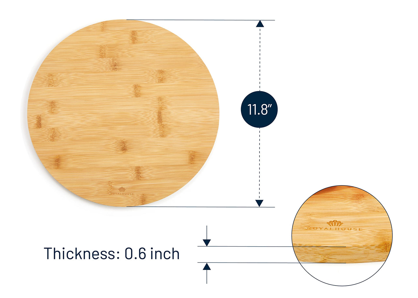 RoyalHouse Natural Bamboo Round Cutting Board for Kitchen, Chopping Boards for Meat & Vegetables, Cheese and Charcuterie Board, Serving Tray, 11.8" Round 0.6" Thick Pack of 1