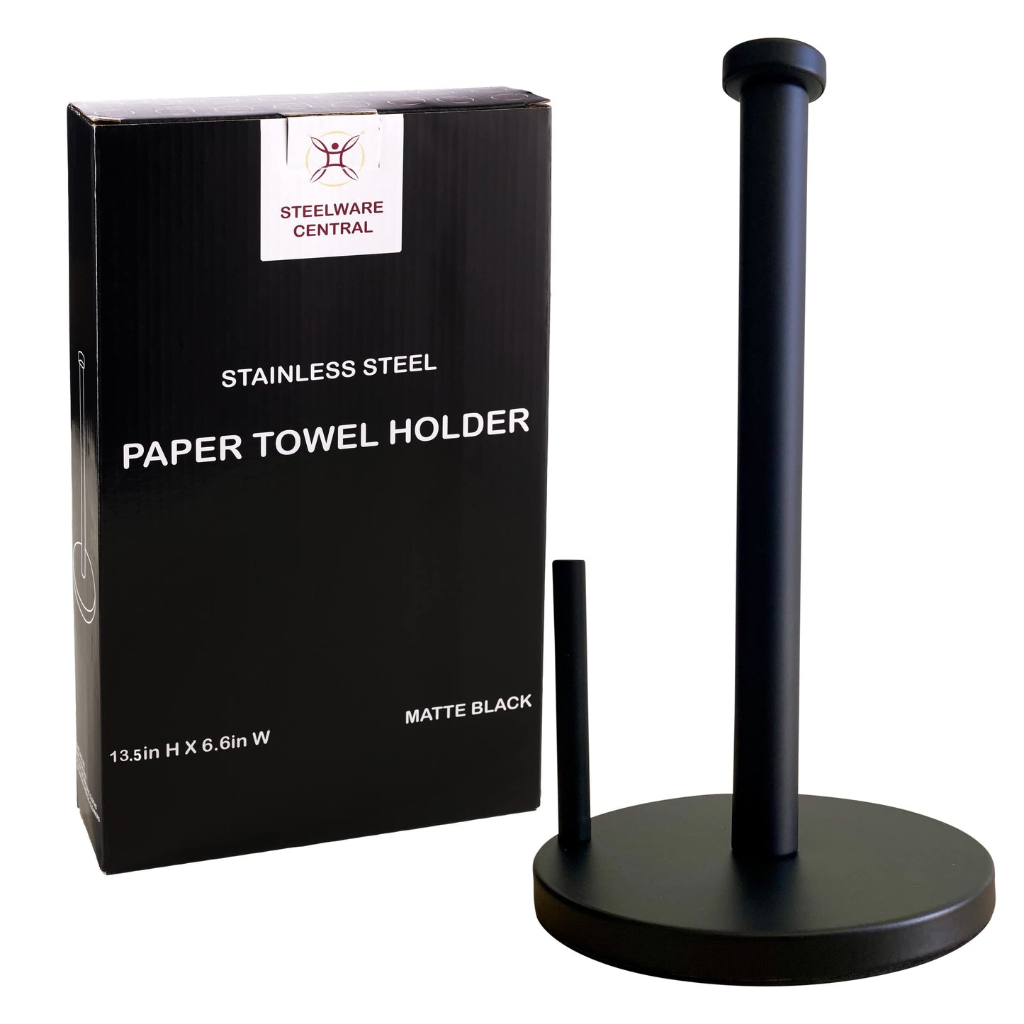 Steelware Central Black Paper Towel Holder Countertop Stainless Steel Paper Towel Stand with Weighted Non-Slip Base One-Handed Tear, Rust-Resistant Kitchen Roll Holder, Standard, Jumbo & Large Rolls