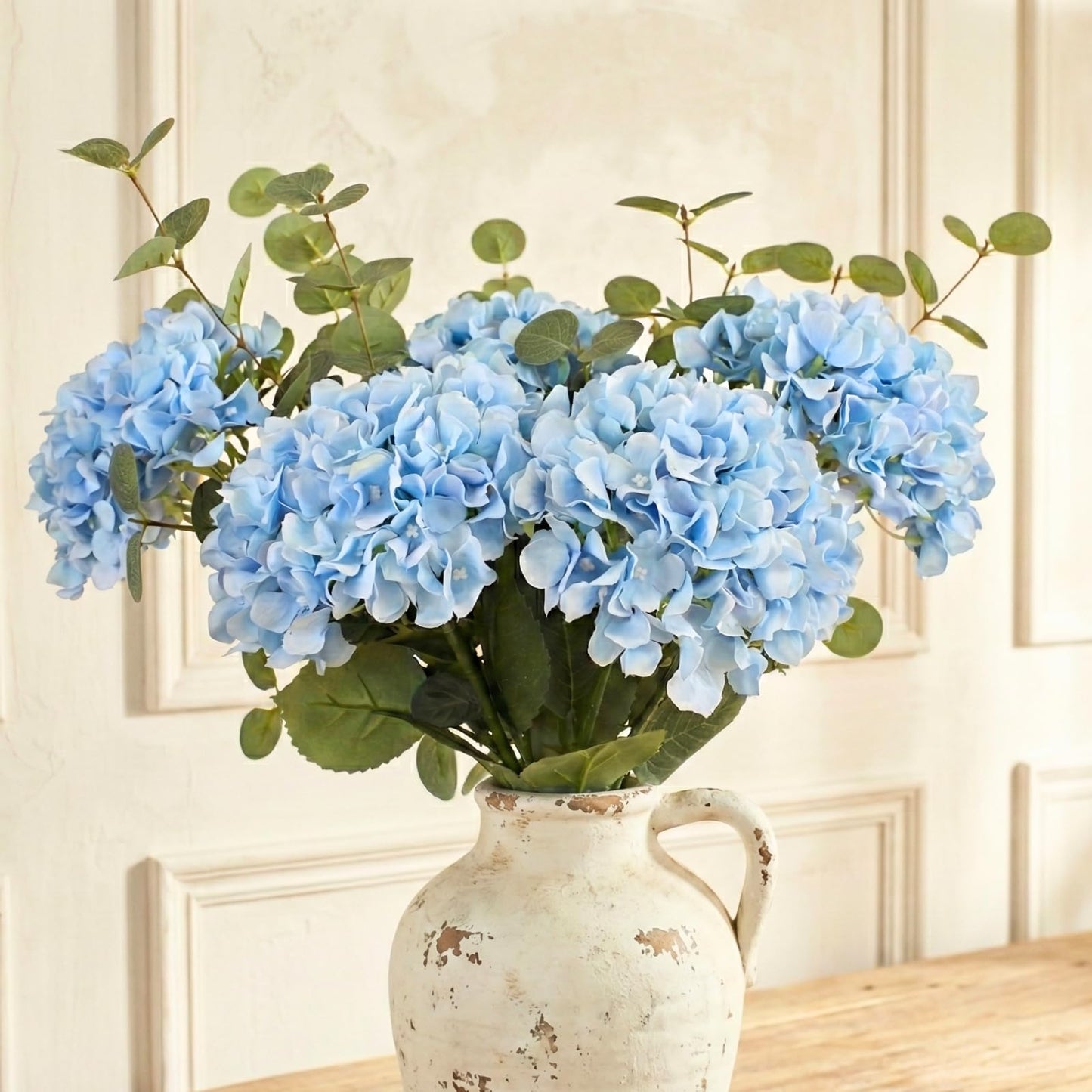 Blue Hydrangea Artificial Flowers Arrangement, 5 Real Touch Hydrangea Stems & 3 Faux Eucalyptus, Artificial Flowers for Table Centerpiece, Dining Room Living Room Decor, Spring Home Decor