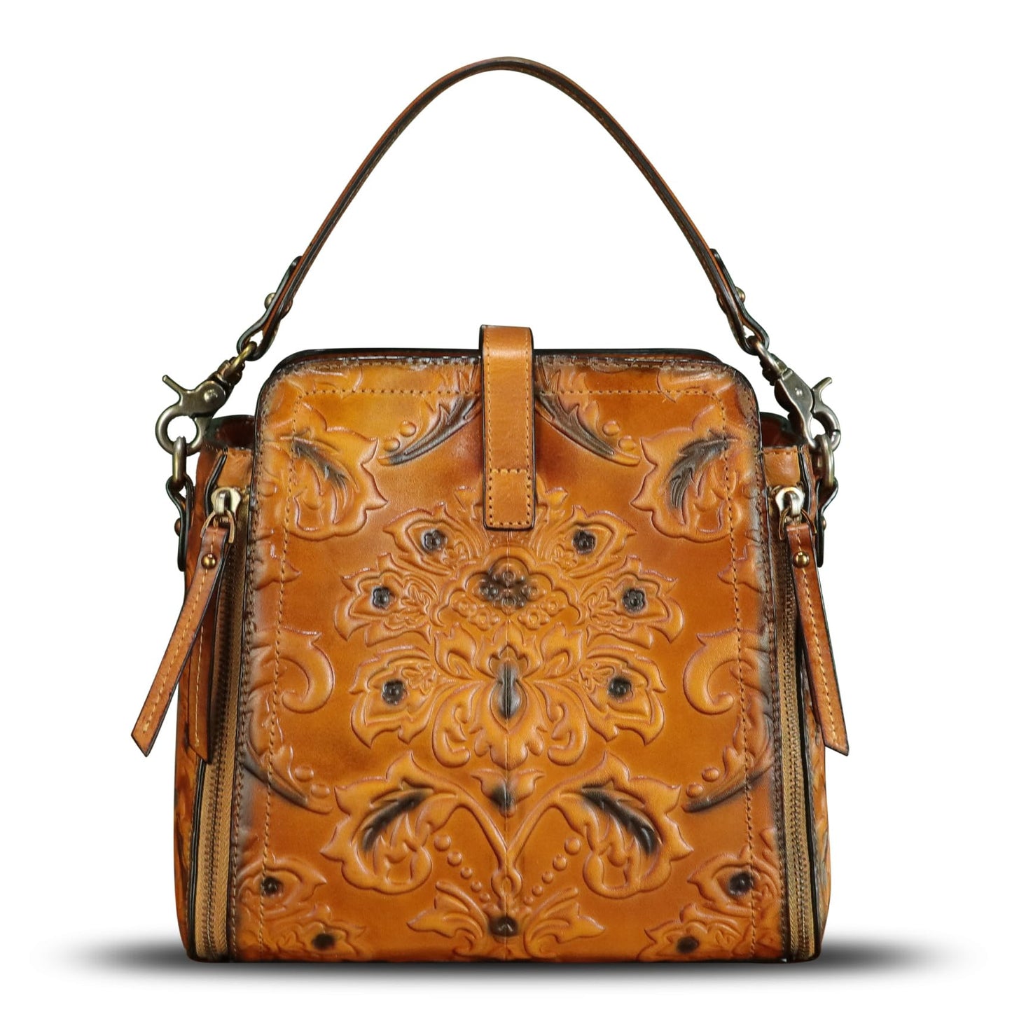 Genuine Leather Purses and Handbags for Women Retro Embossed Crossbody Shoulder Bag Satchel Pouches (Brown)