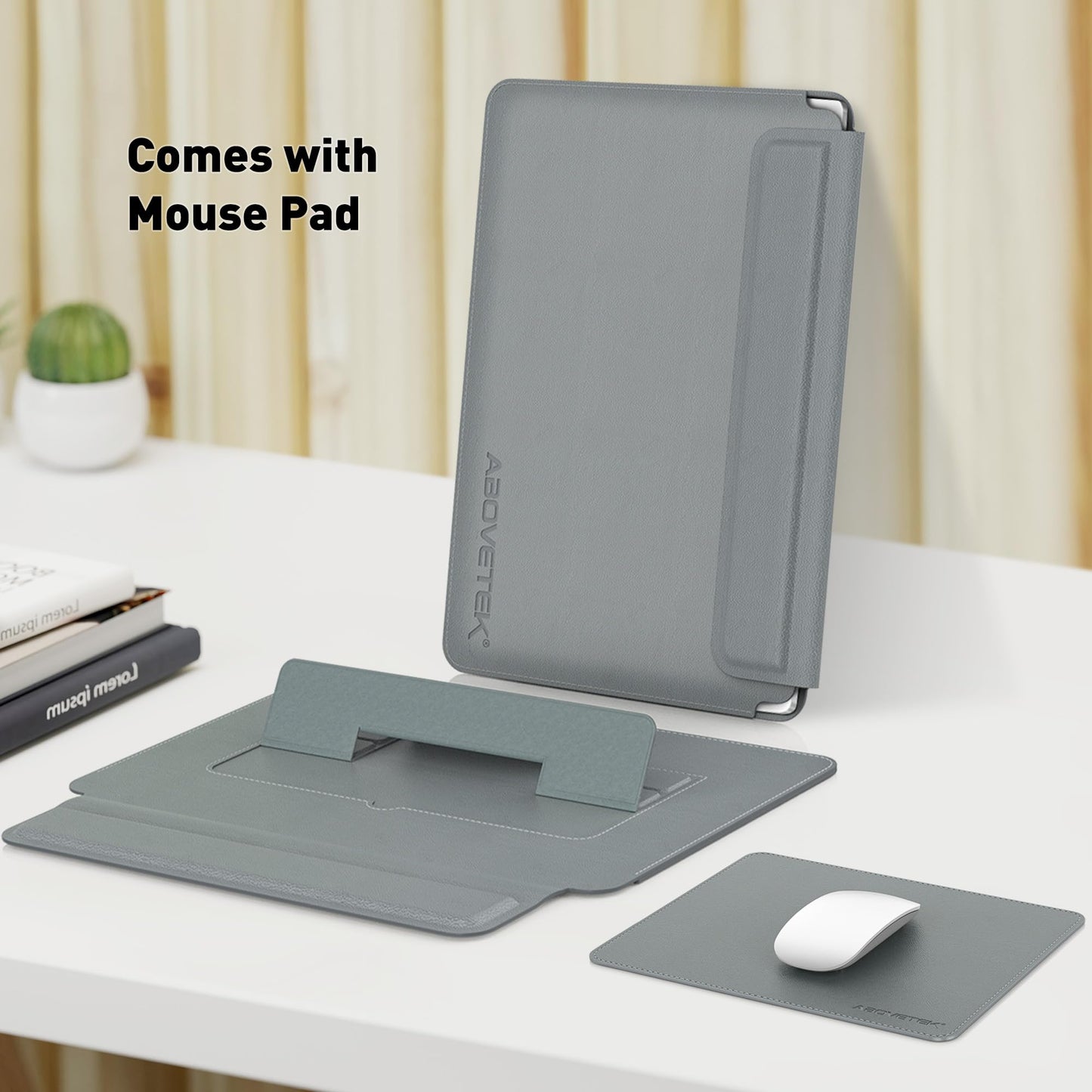 AboveTEK Laptop Sleeve Case for 13-14 inch MacBook Air/Pro, Slim Laptop Case with Stand, Ergonomic Wrist Rest & Mouse Pad, Waterproof Anti-Scratch Leather Bag for 13-14 Surface HP, Grey