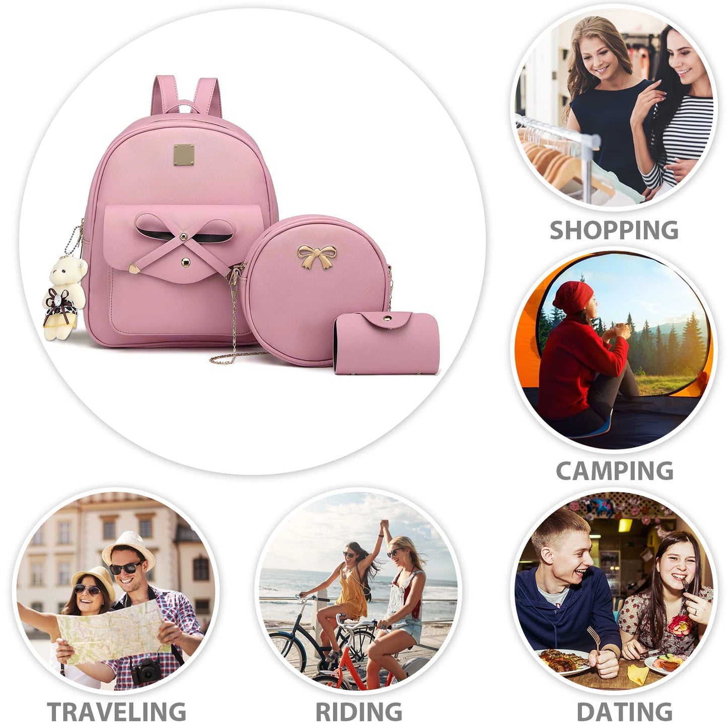 K.E.J. Women Mini Backpack Purse Bowknot Leather Backpack 3-PCS Cute Small Backpack Purse for Women Rucksack for Ladies Shoulder Bag