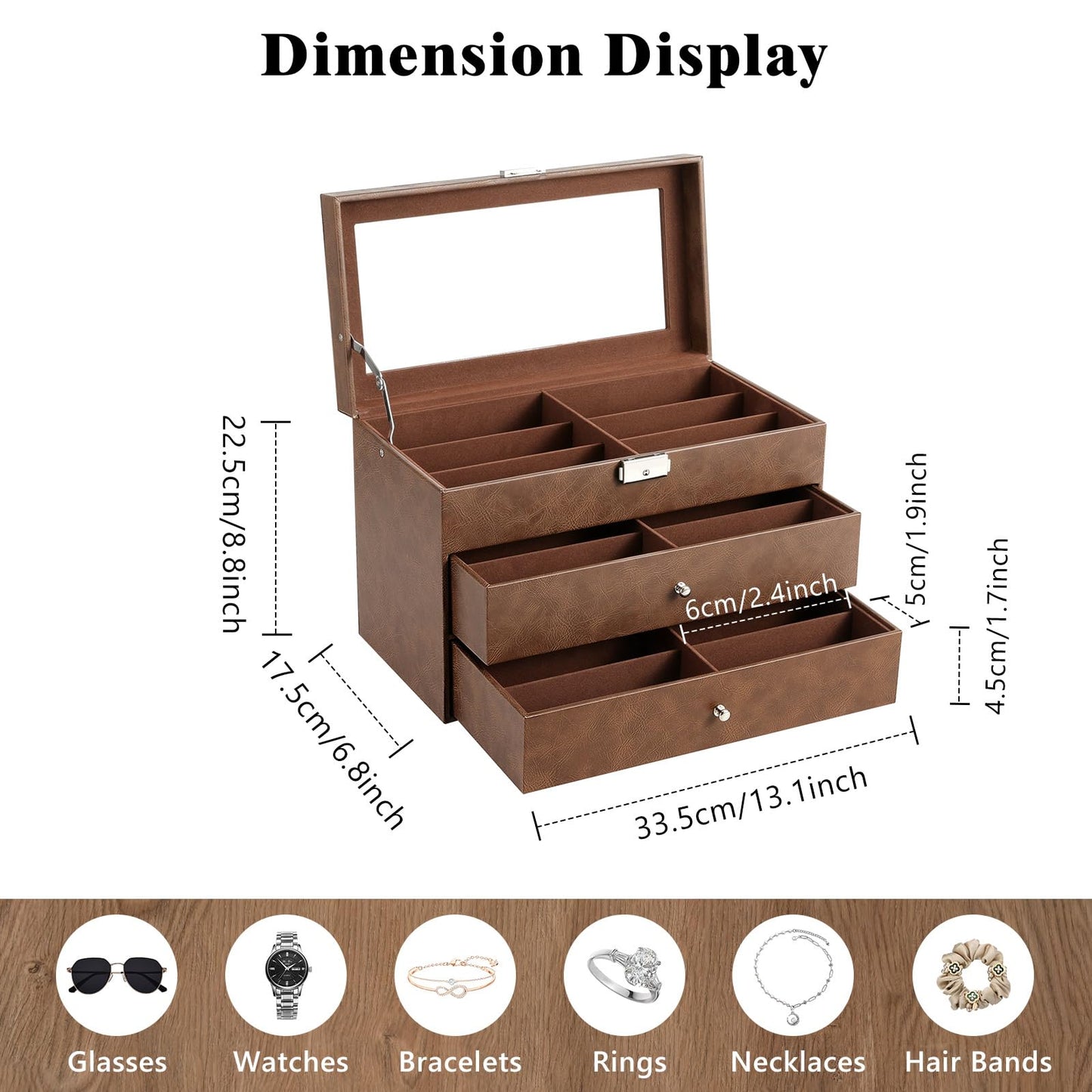 MoKo Sunglasses Organizer with 18 Slots, 3-layer Leather Sunglass Display Collection Holder Case with Drawer Clear Glass Lid, Lockable Eyeglass Glass Jewelry Watch Storage Box for Women Men, Brown