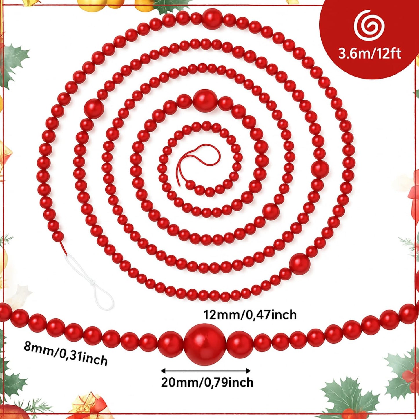 Yalikop 11.8 ft Red Faux Pearl Beads Garland for Wedding Pearl Garland Strand Chain Wedding Decoration for Floral Centerpieces Bridesmaid Party Favor Mantel Fireplace Stairs