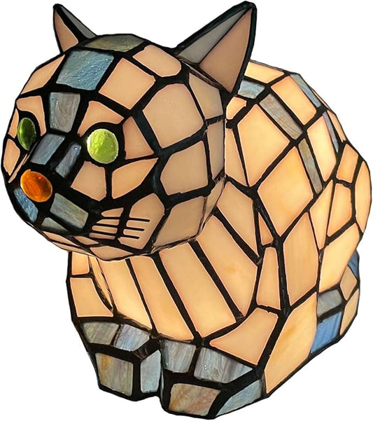 Bieye L10872 Lovely Cat Tiffany Style Stained Glass Accent Table Lamp Night Light for Home Decoration (One Cat, Blue)