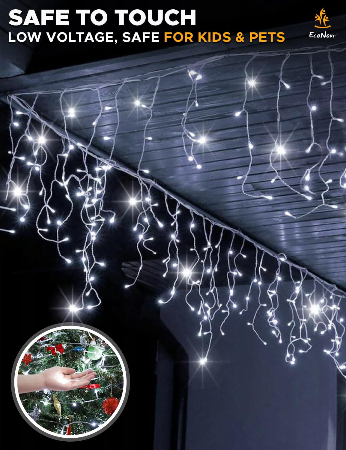 EcoNour Cool White Easter Icicle Lights for Outside, 32.8 FT 360LED Outdoor Icicle Lights with 8 Mode, 8HR Timer, Memory Function, Clear Wire connectable, Plug in Fairy Lights for Roofline, Party