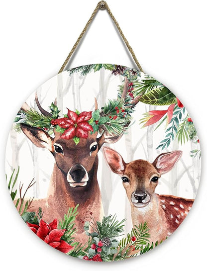 Deer Xmas Door Hanger Holly Tree Flowers Sign for Front Door Winter Deer Floral Hanging Porch Christma Decorations for Outdoor